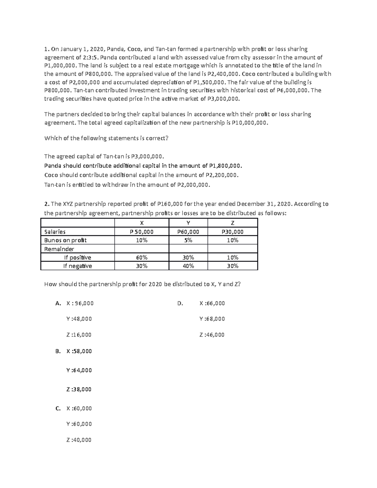 AFAR - Afar Exam - On January 1, 2020, Panda, Coco, And Tan-tan Formed ...