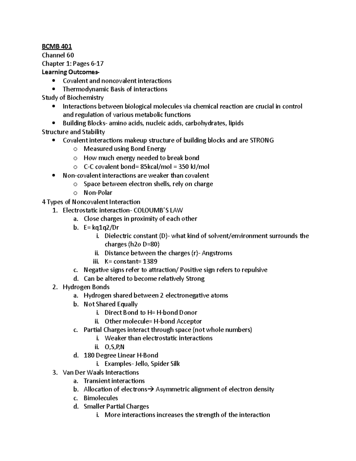 BCMB 401 - Lecture Notes Lectures 1-5 - BCMB 401 Channel 60 Chapter 1 ...