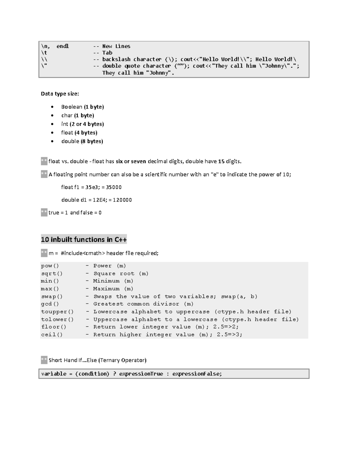 C++ tutorial notes - \n, endl - New Lines \t - Tab \ - backslash ...