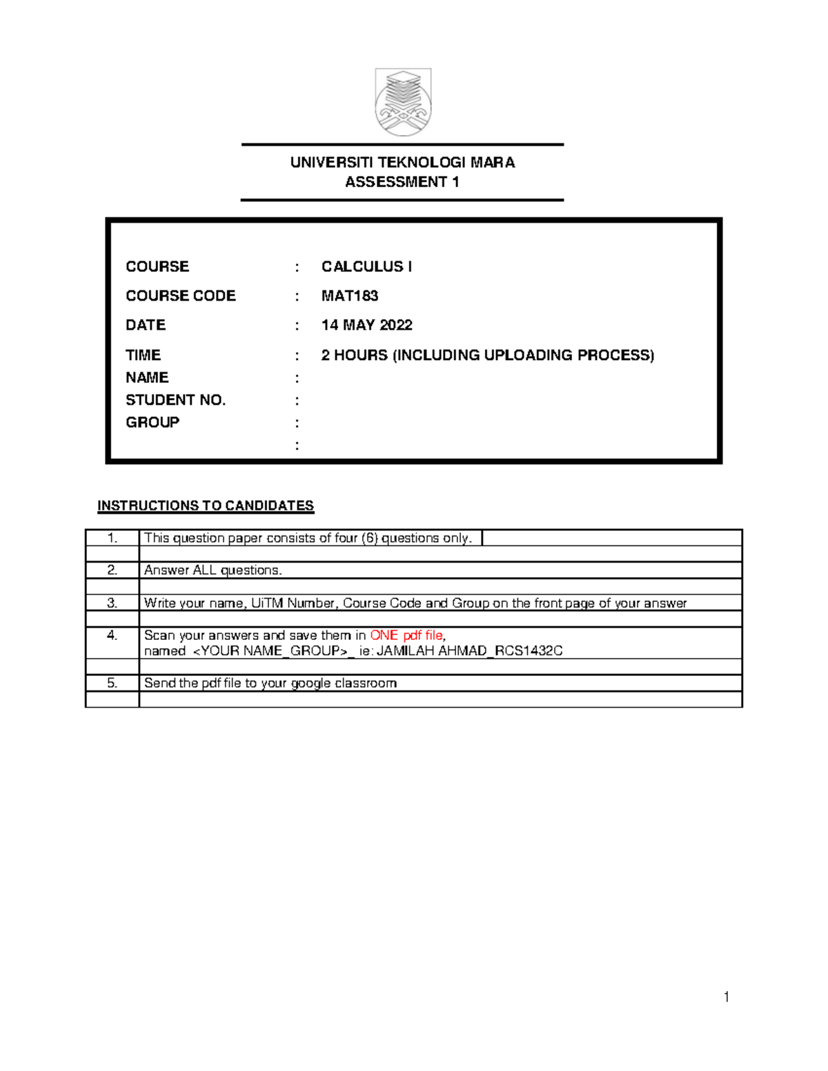 May2022(assessment 1) - 1 UNIVERSITI TEKNOLOGI MARA ASSESSMENT 1 COURSE ...