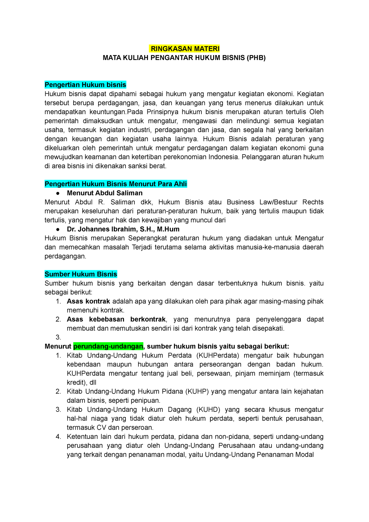 Ringkasan Materi-MATA Kuliah Pengantar Hukum Bisnis (PHB) - RINGKASAN ...