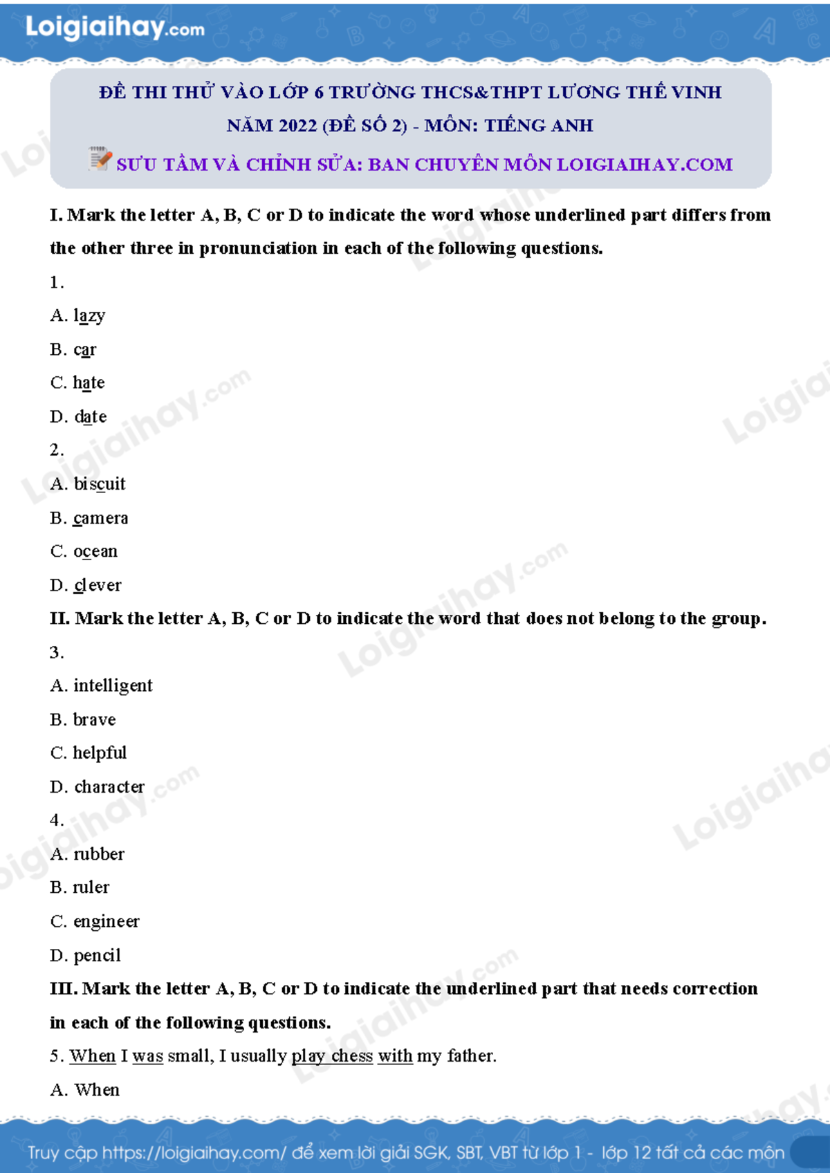 De Thi Thu Mon Tieng Anh - I. Mark The Letter A, B, C Or D To Indicate ...