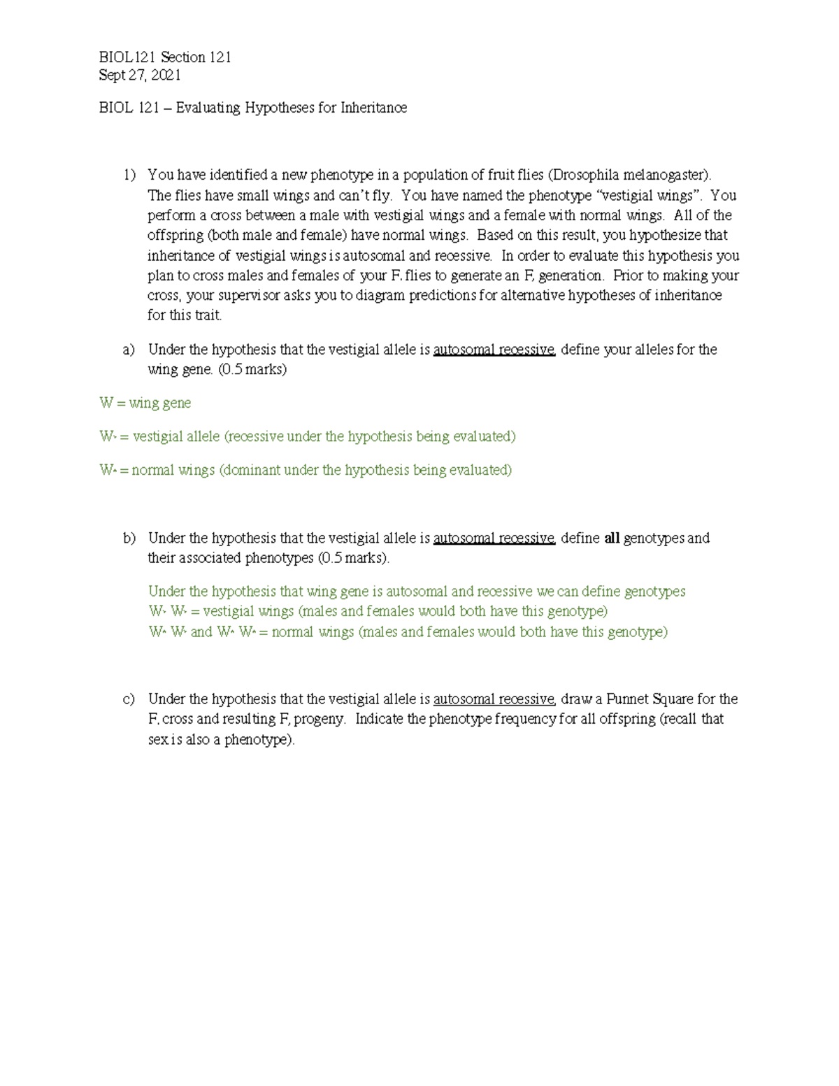 BIOL 121 - Genetics Hypoth Eval Practice-Key - Sept 27, 2021 BIOL 121 ...
