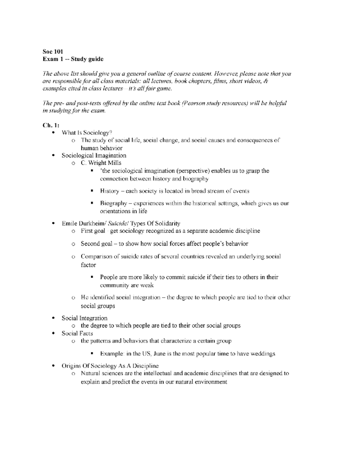 Sociology - chapter 1 study questions and material - SOC 1000 - Studocu