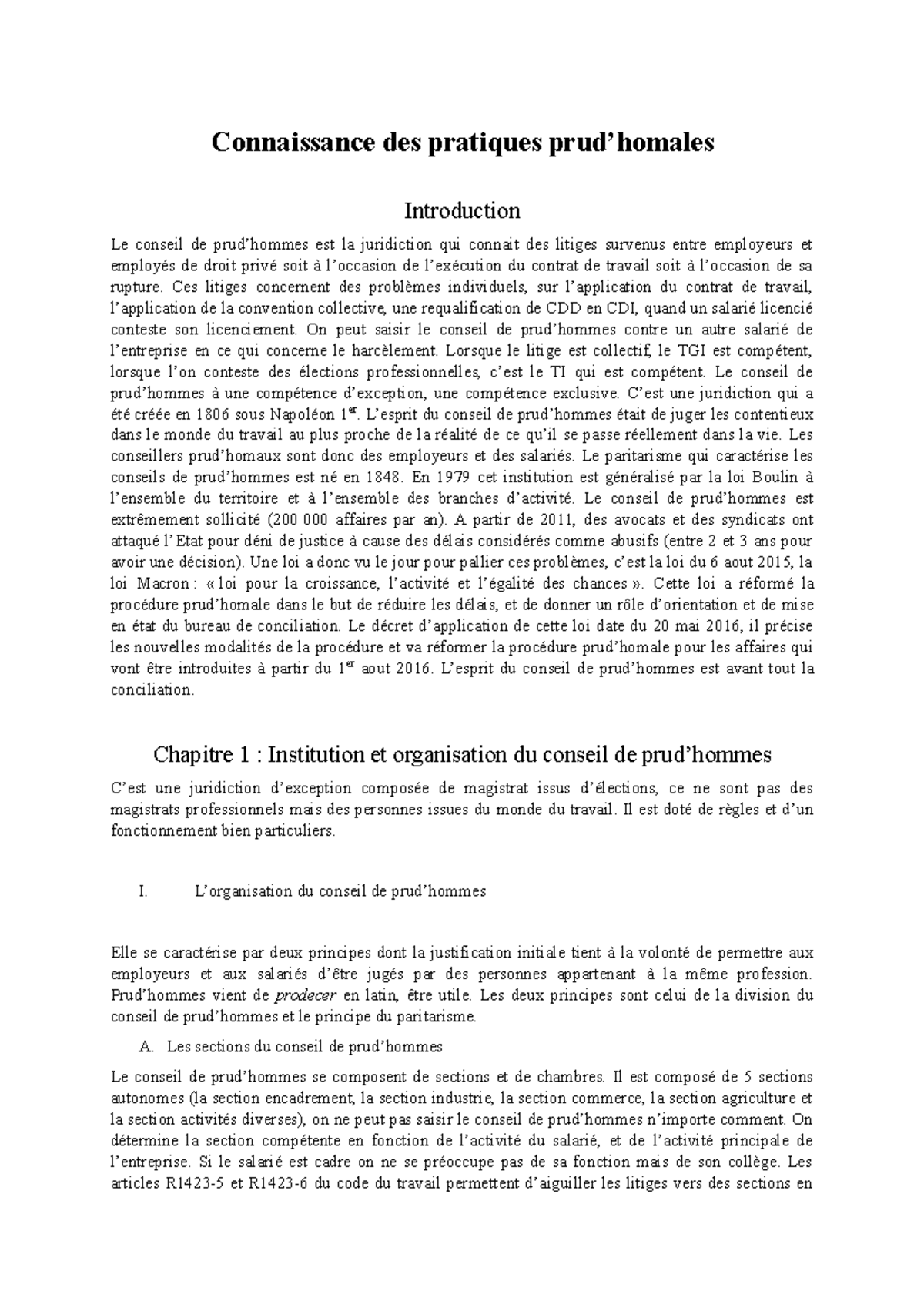 Chapitre 1 et 2 Connaissance des pratiques prud’homales Introduction