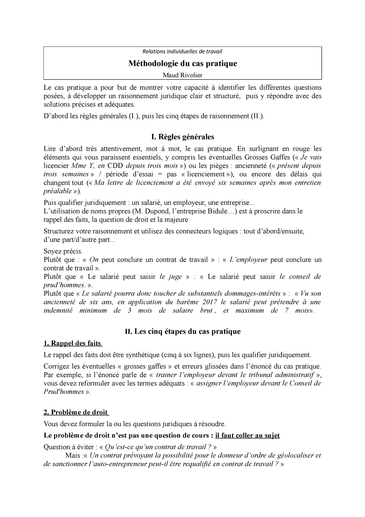 Méthode cas pratique  Relations individuelles de travail Methodologie