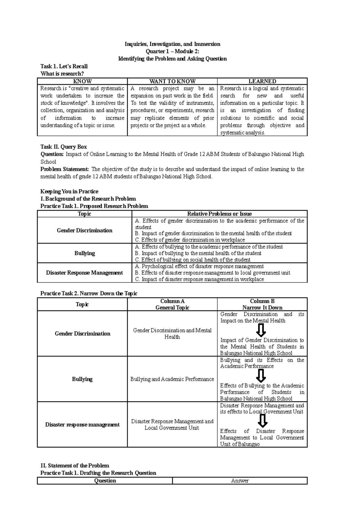 Inquiries, Investigation, and Immersion Module 2 Answer Inquiries