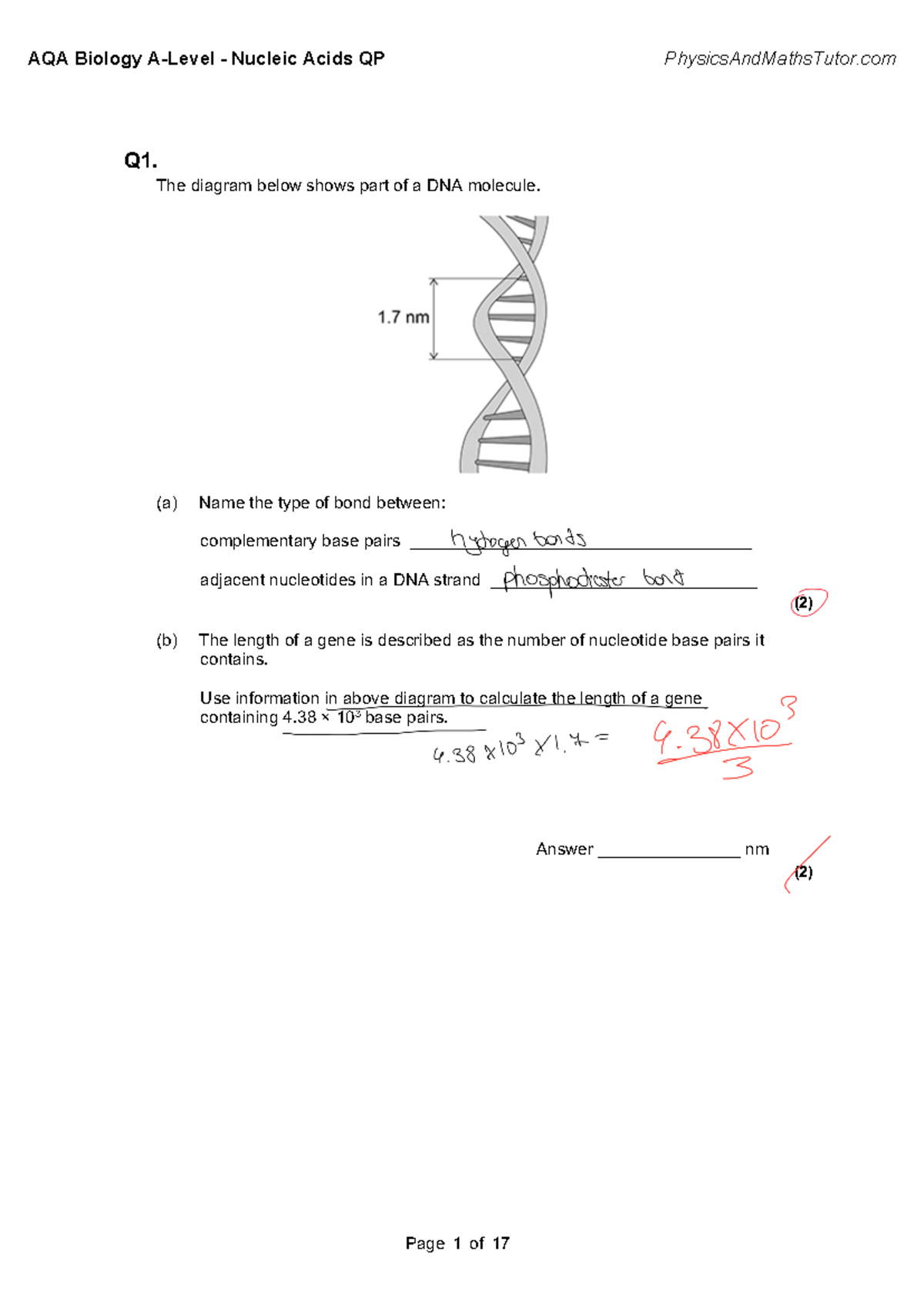 1.5 Nucleic Acids QP 2 Past paper on as level content Q1. The