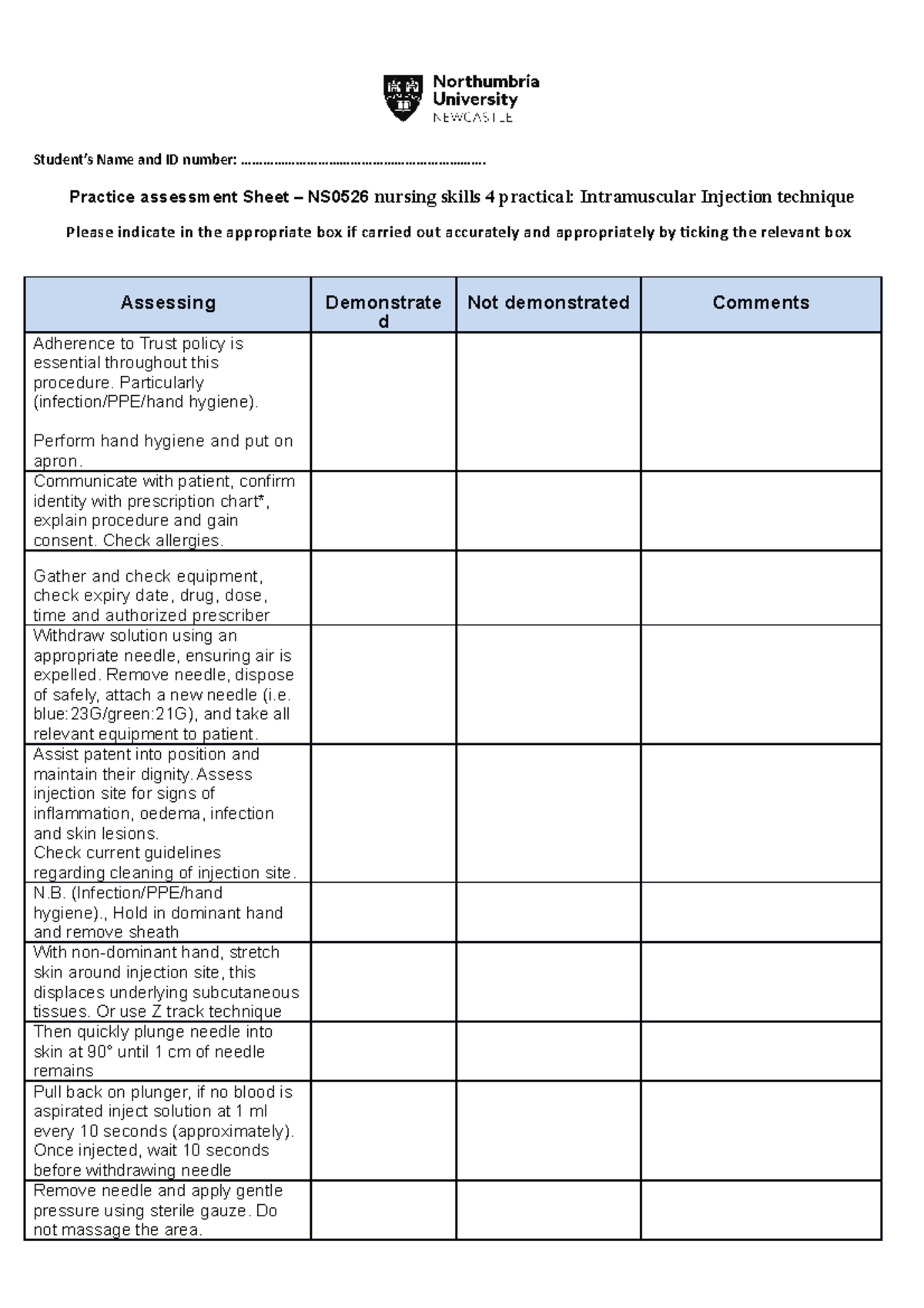 IM injection peer review form - Medical/Surgical Nursing II - UoN - Studocu