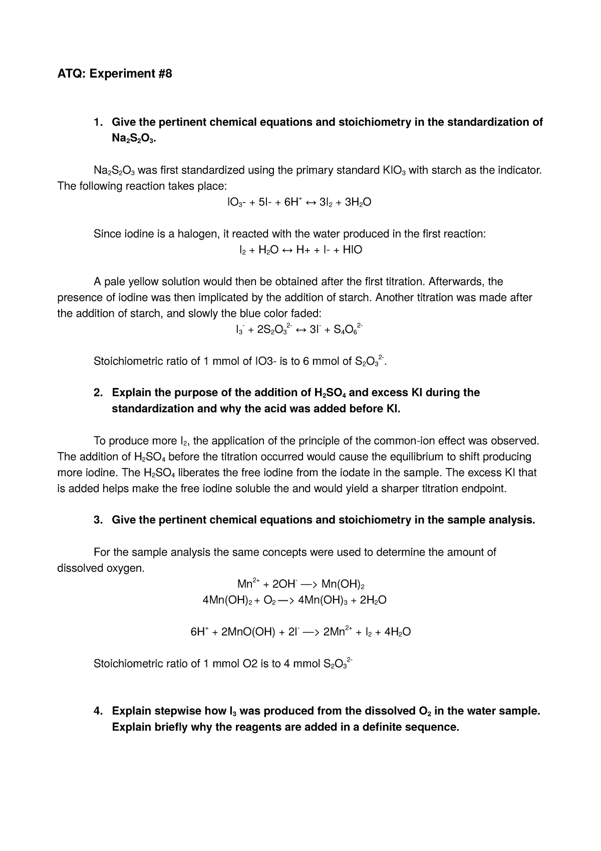 Answer to the Questions 8 - ATQ: Experiment Give the pertinent chemical ...