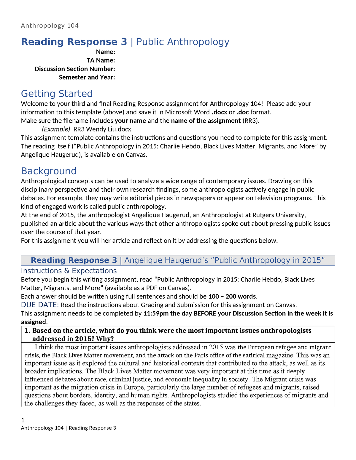 Reading Response 3 Public Anthropology Anthropology 104 Reading Response 3 Public 6161