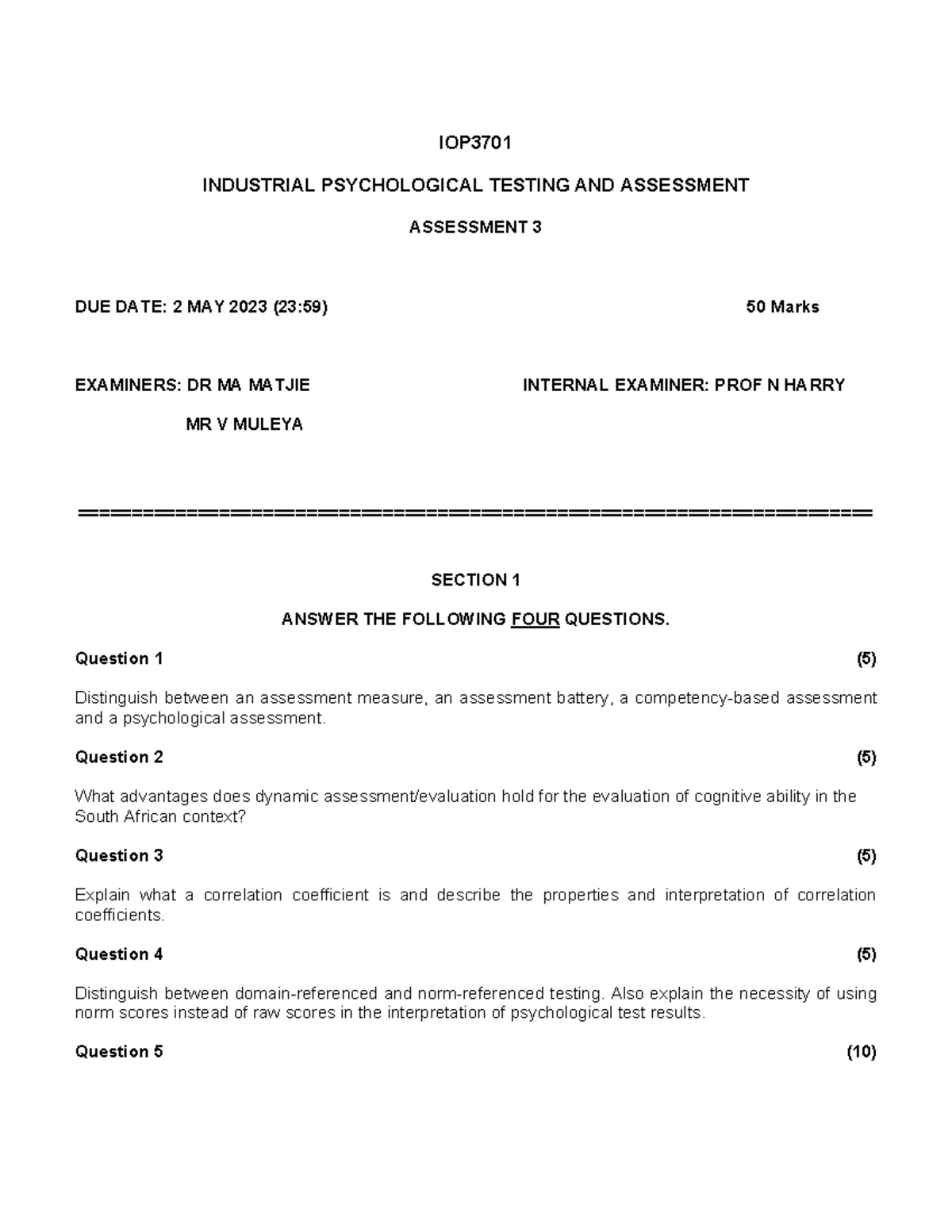 IOP3701 Assessment 3 - IOP INDUSTRIAL PSYCHOLOGICAL TESTING AND ...