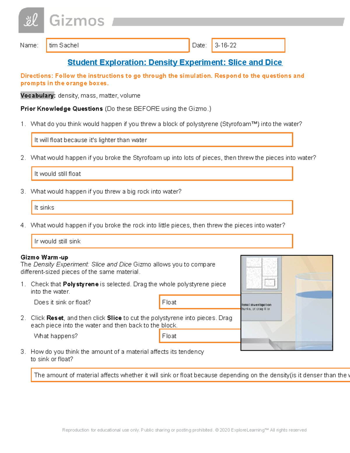 Density Gizmo explore learning sheet Name tim Sachel Date Student