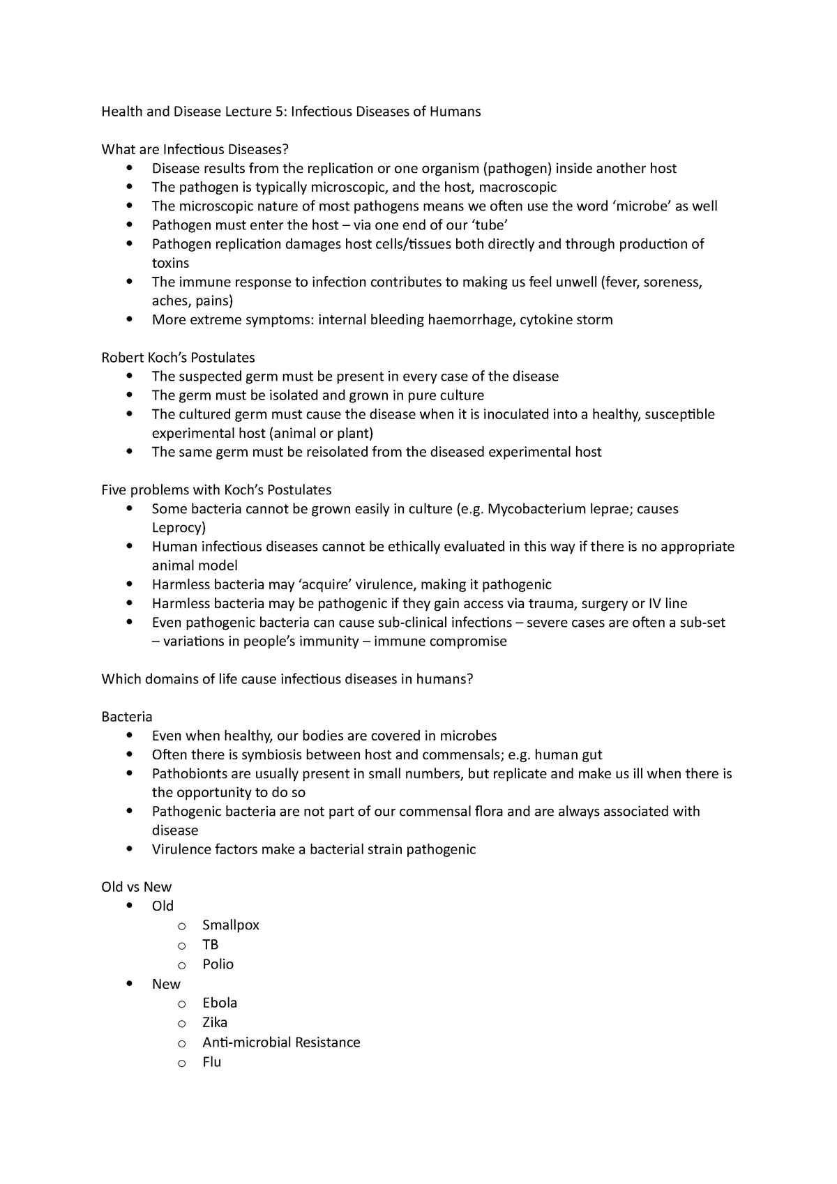 Lecture 5 Notes -Infectious Diseases of Humans - Health and Disease ...