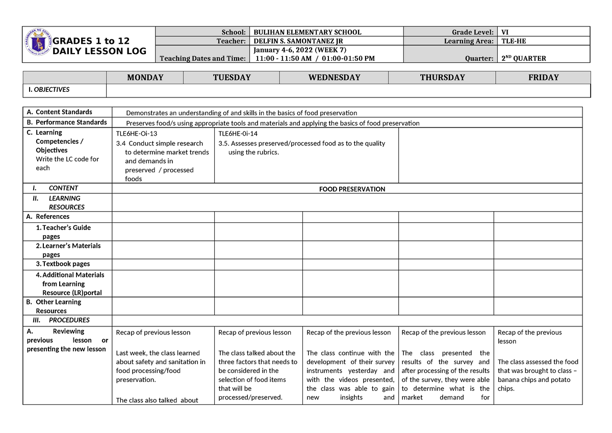 W7 - DLL - GRADES 1 to 12 DAILY LESSON LOG School: BULIHAN ELEMENTARY ...