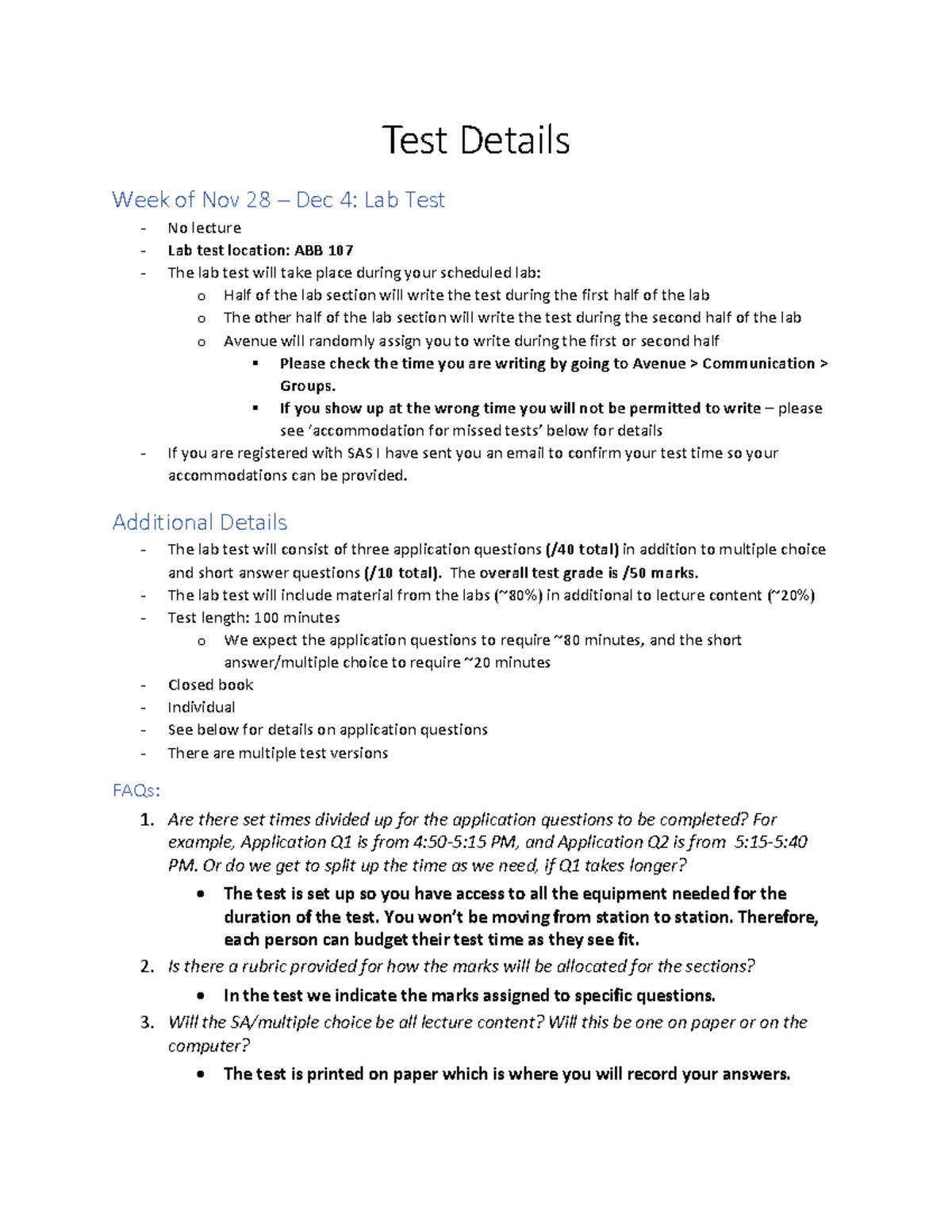 LS3L03 F22 Lab Test Details Avenue - Test Details Week of Nov 28 – Dec ...