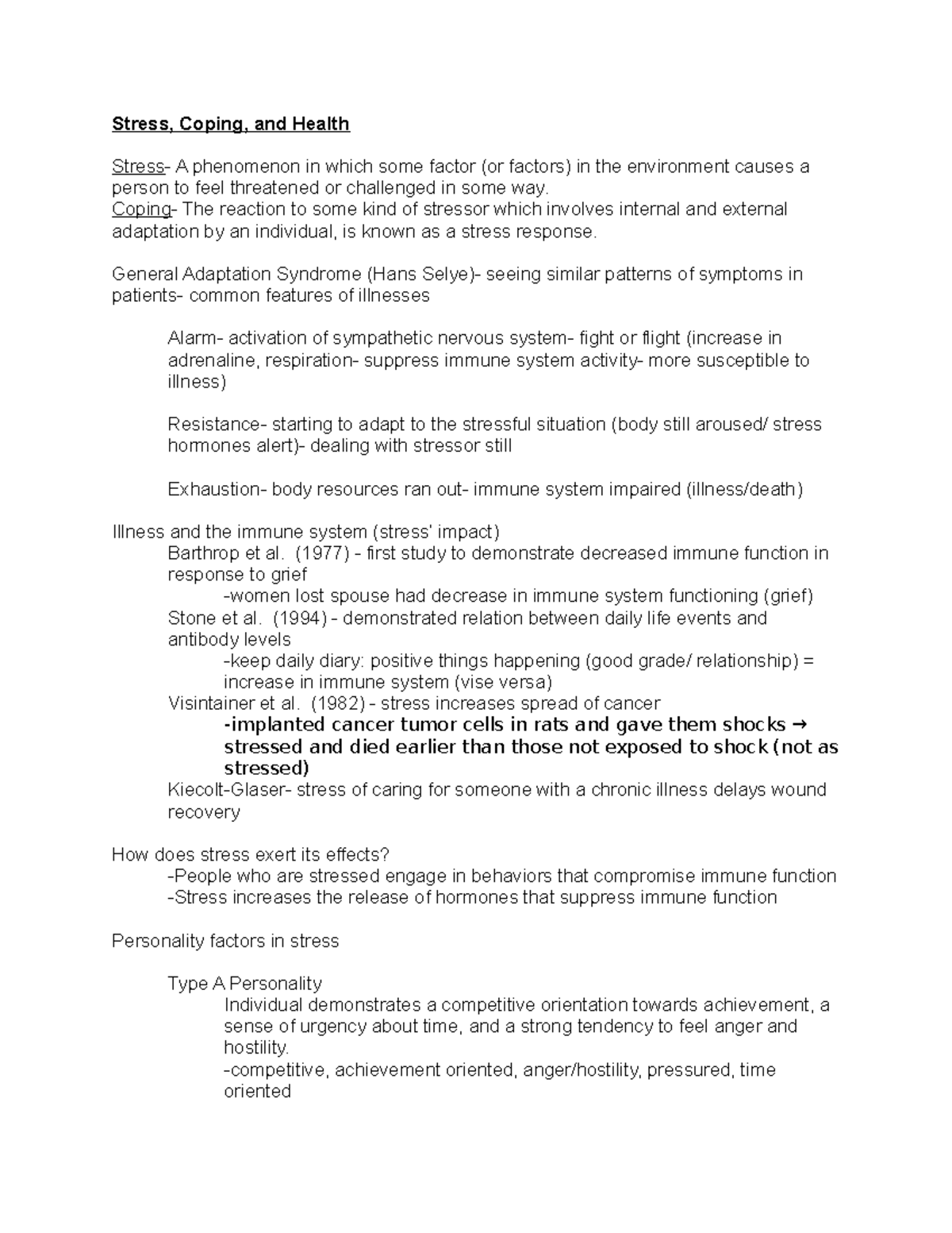 Psych 202 pt4 - Lecture notes 4 - Stress, Coping, and Health Stress- A ...