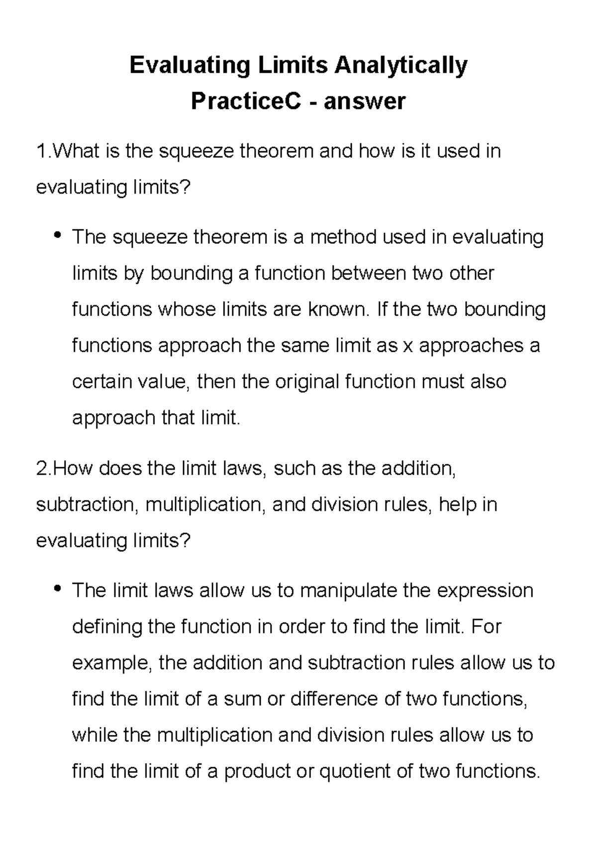 Evaluating Limits Analytically Practice