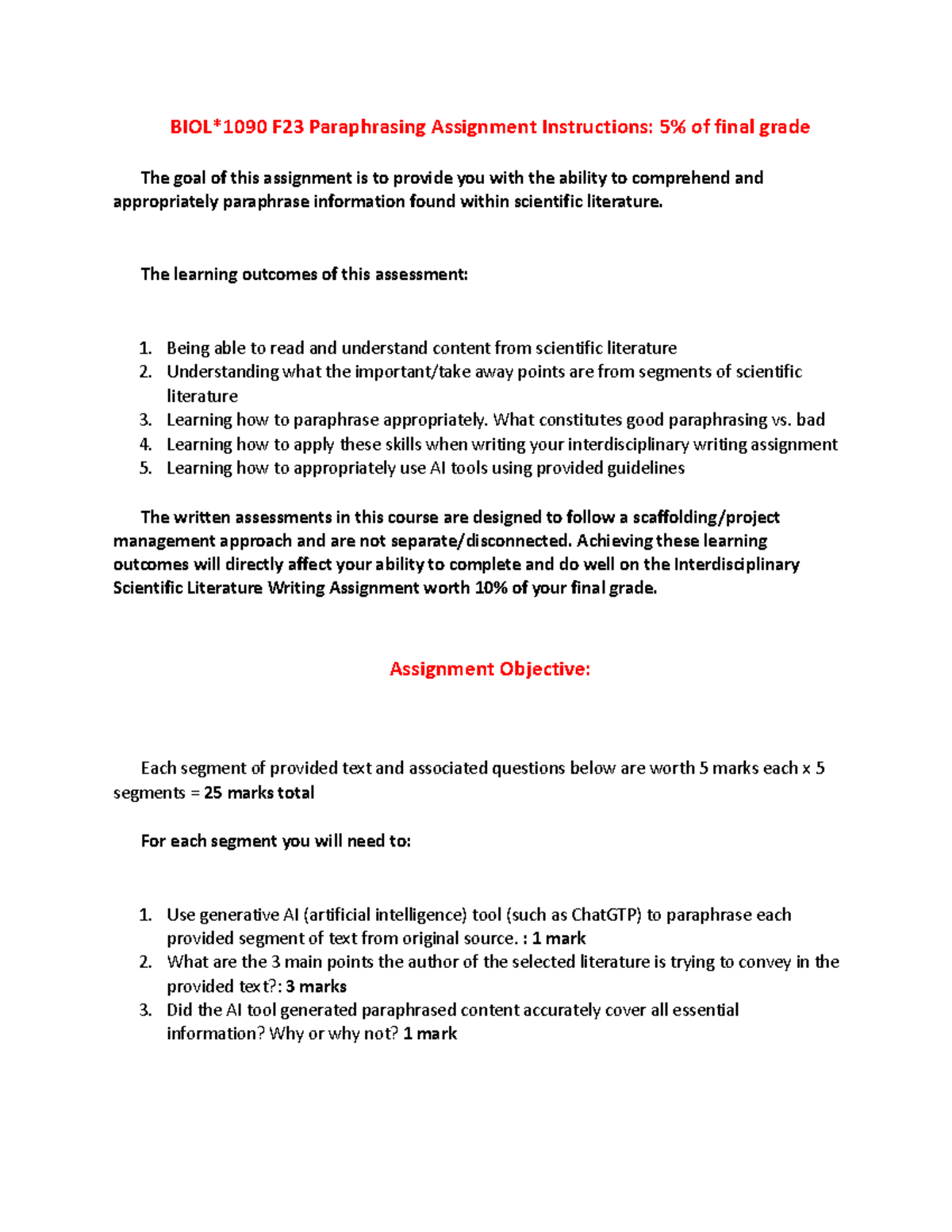 Paraphrasing Assisgnment - The learning outcomes of this assessment ...