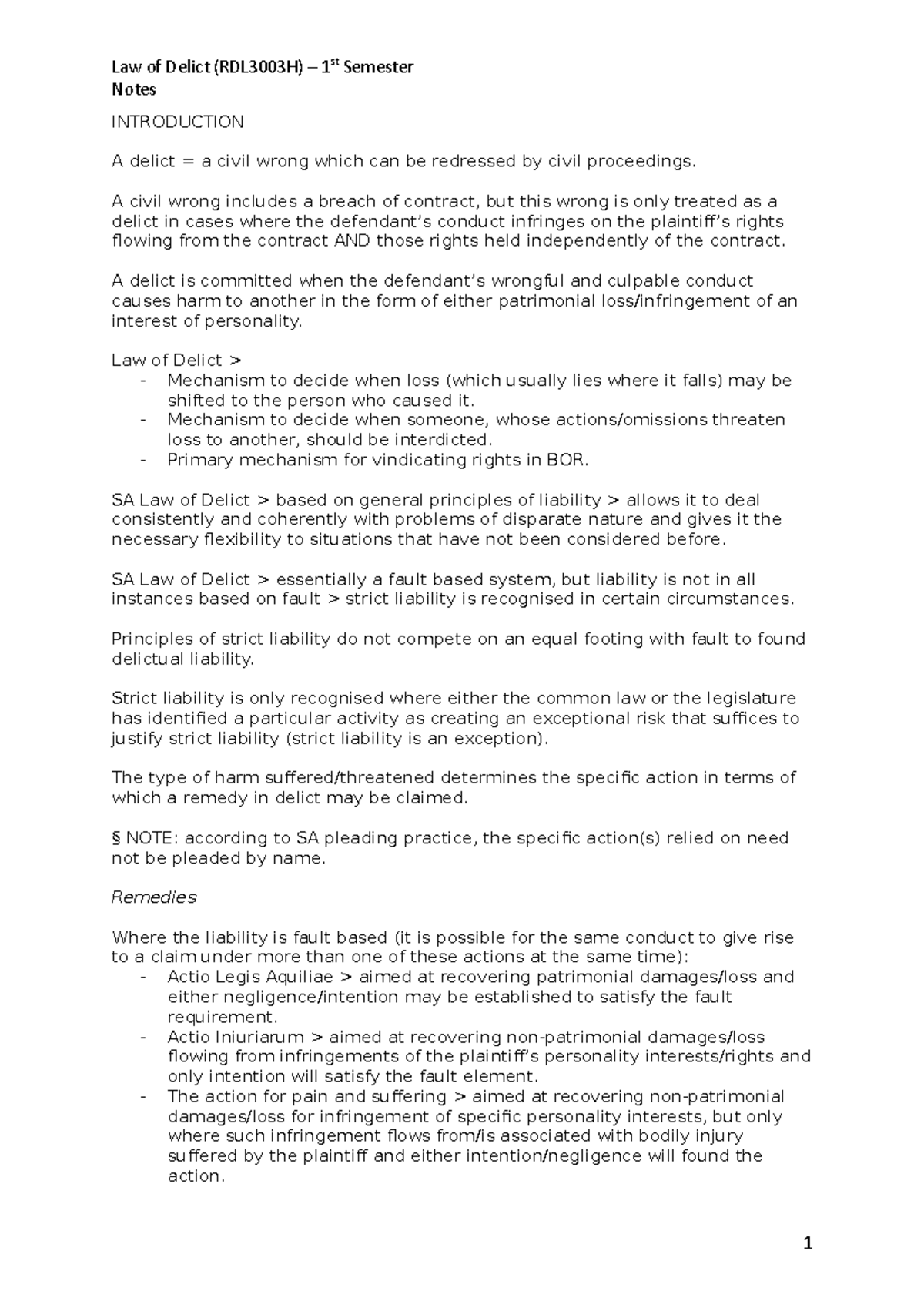 Law of Delict (RDL3003H) Notes Notes INTRODUCTION A delict = a