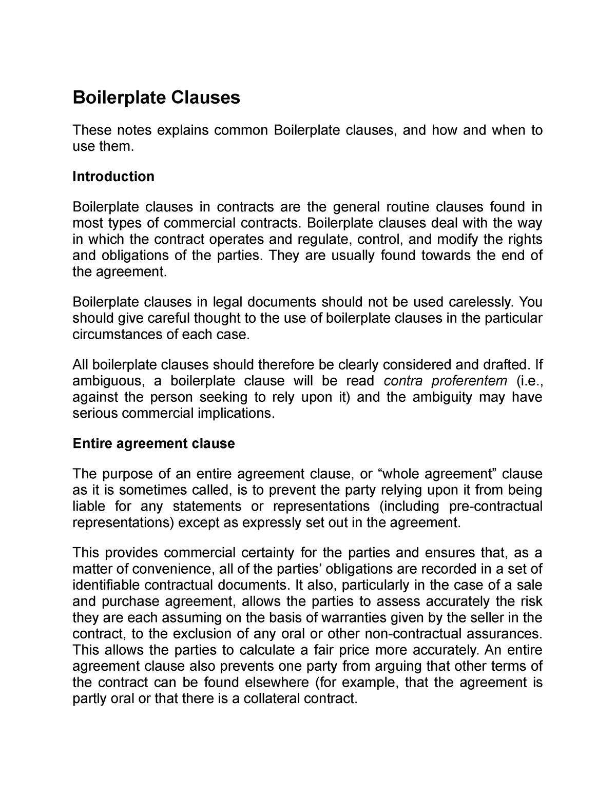 Boilerplate Clauses Introduction Boilerplate clauses in contracts are