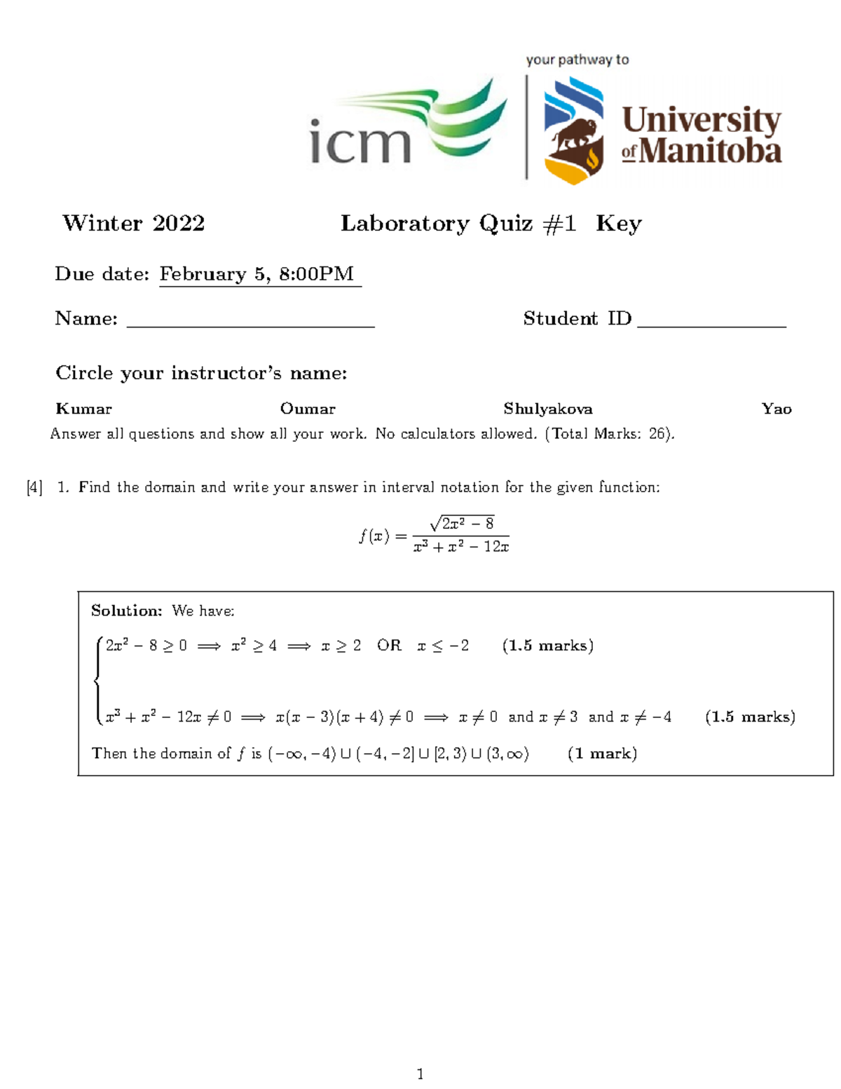 Quiz 1 solution Winter 2022 - Winter 2022 Laboratory Quiz #1 Key Due ...