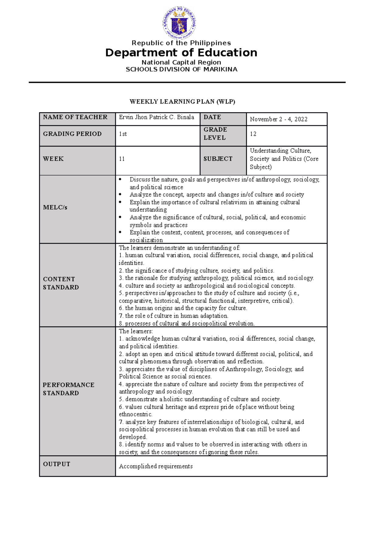 UCSP WLP 11 Completion of Requirements - Republic of the Philippines ...