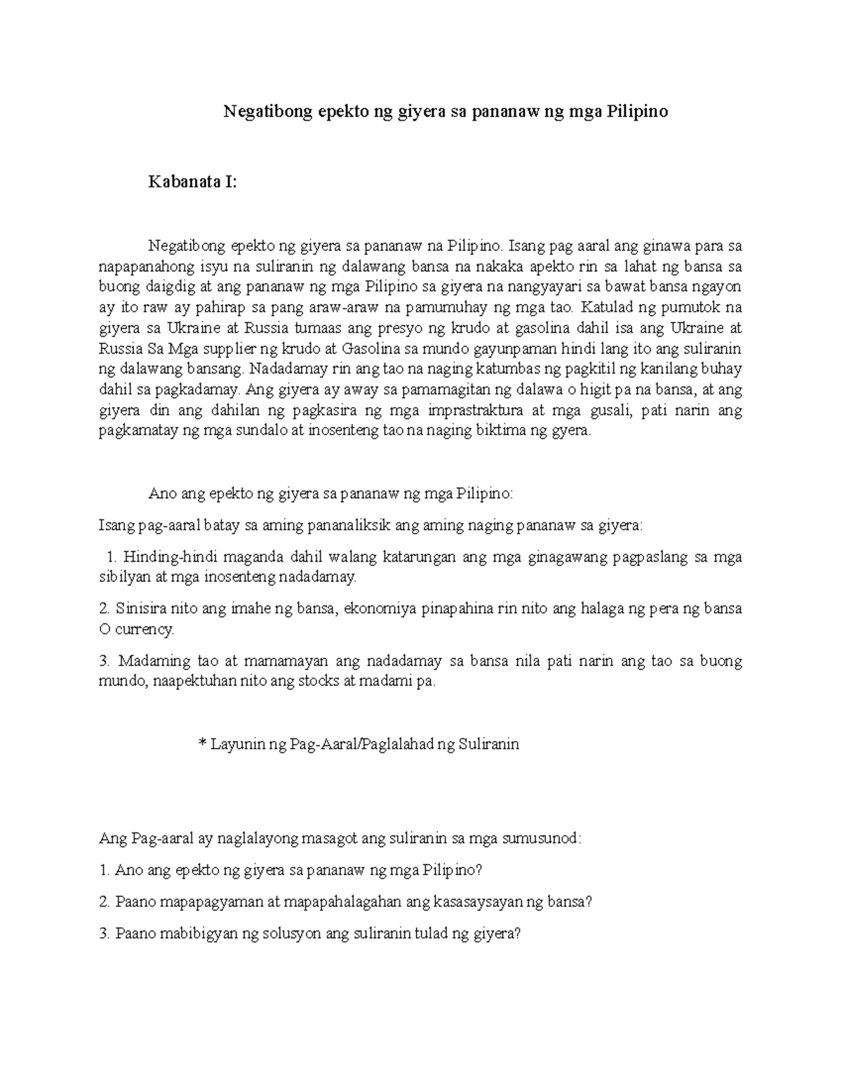 Pananaliksik - Reviewer - Negatibong epekto ng giyera sa pananaw ng mga ...