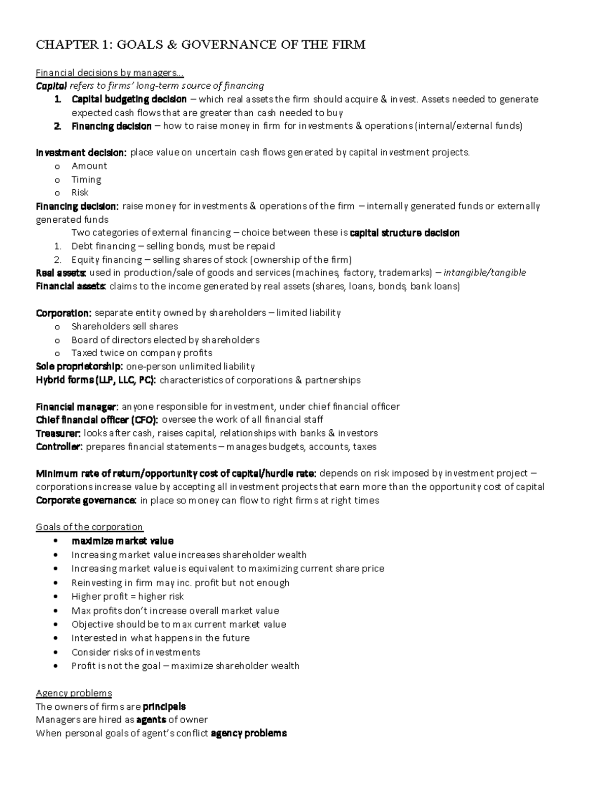 FIN2000 - Introduction To Finance Class Notes And Formulas Used In ...