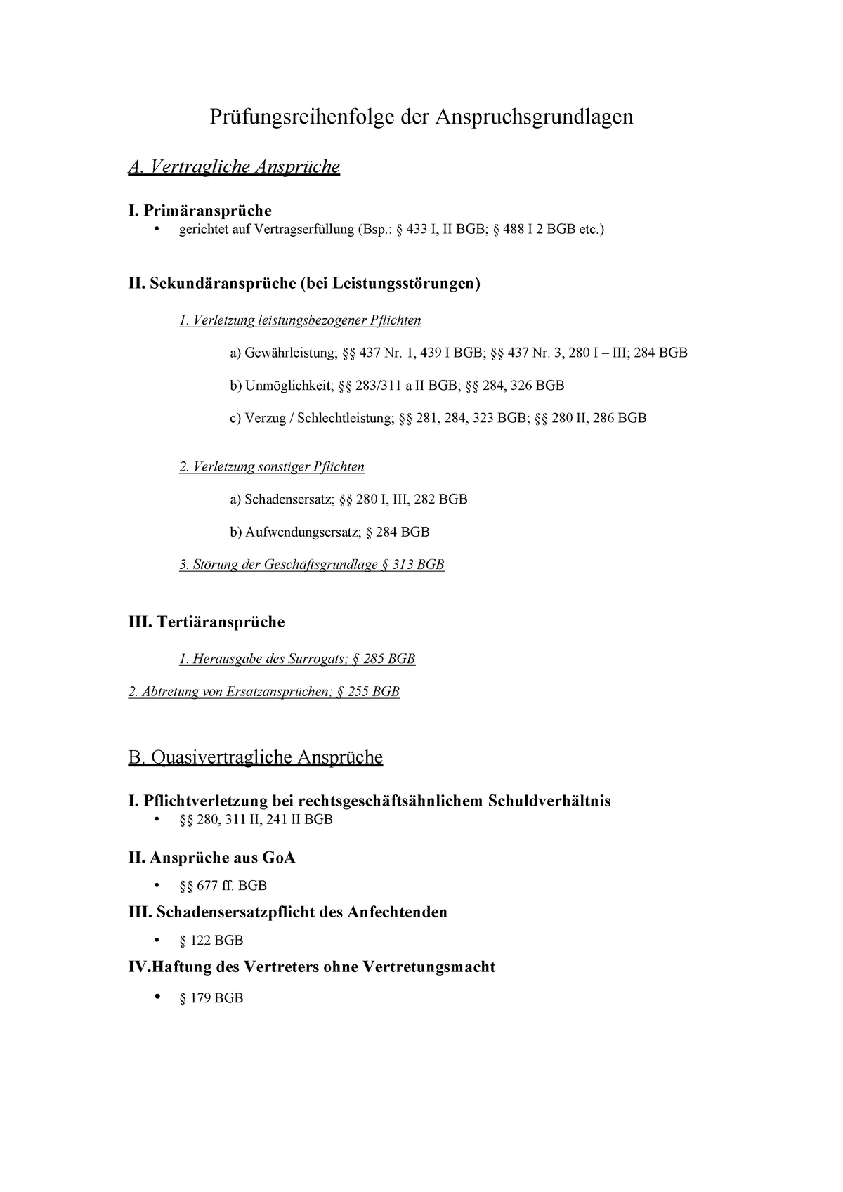 Prüfungsreihenfolge Der Anspruchsgrundlagen - Vertragliche Ansprüche I ...