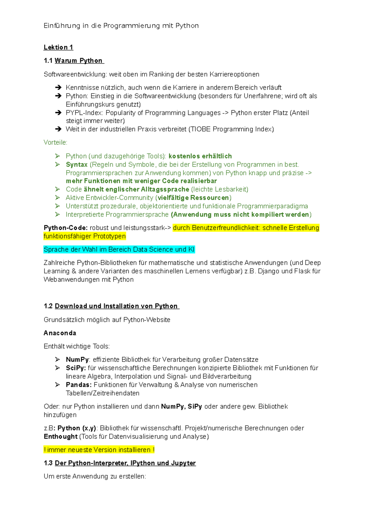 Zusammenfassung - Lektion 1 1 Warum Python Softwareentwicklung: weit ...