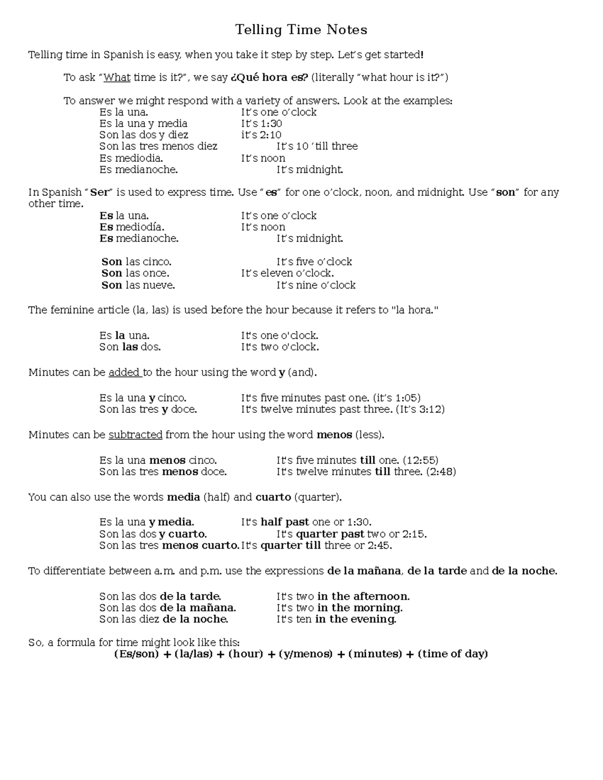 9 Basic Notes For The Telling Of Time In Spanish Telling Time Notes
