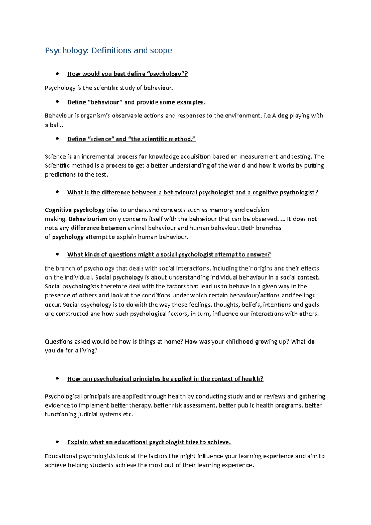 Weel 1 study questions hps111 - Psychology: Definitions and scope How ...