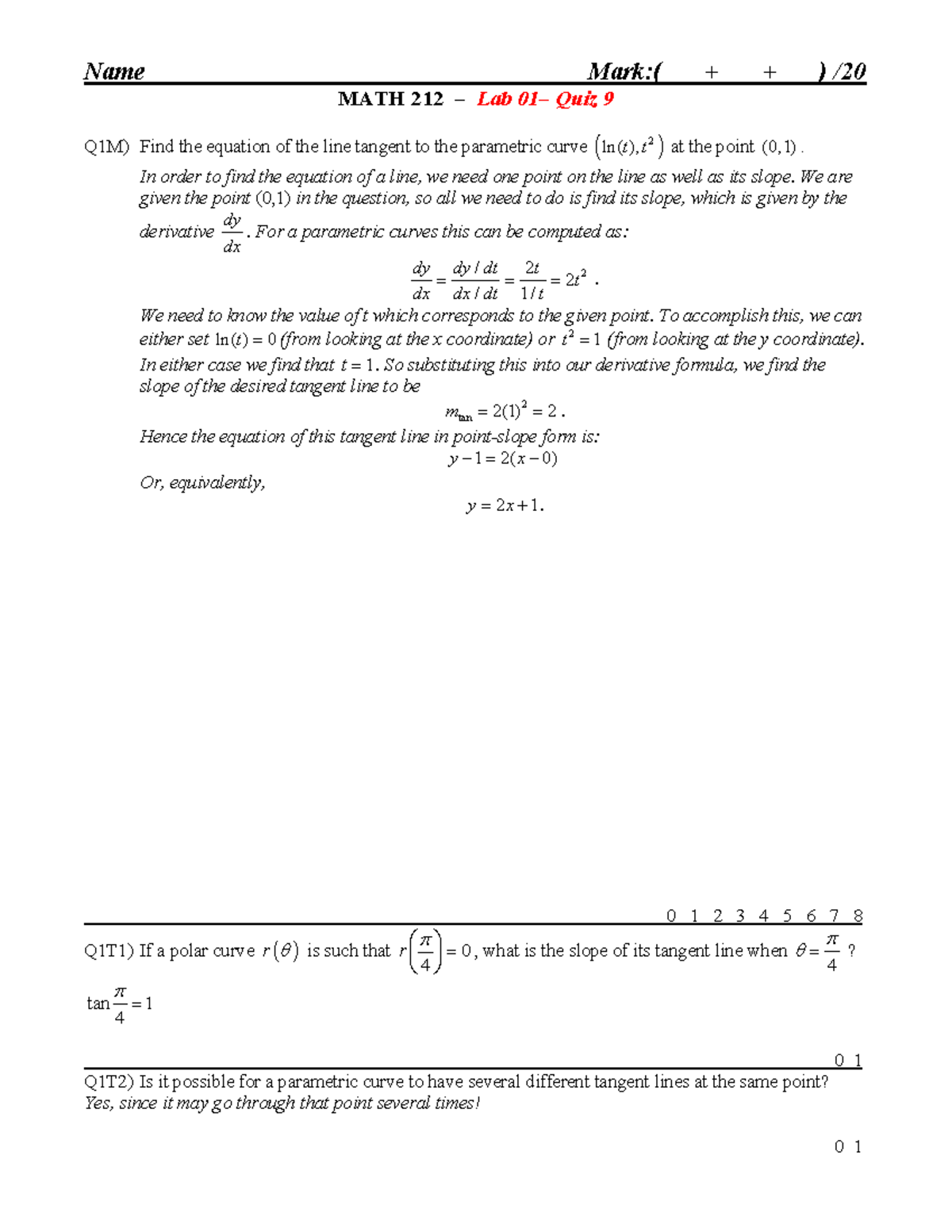 Lab 01 Quiz 09 - quiz - Name Mark:( + + ) / MATH 212 – Lab 01– Quiz 9 ...