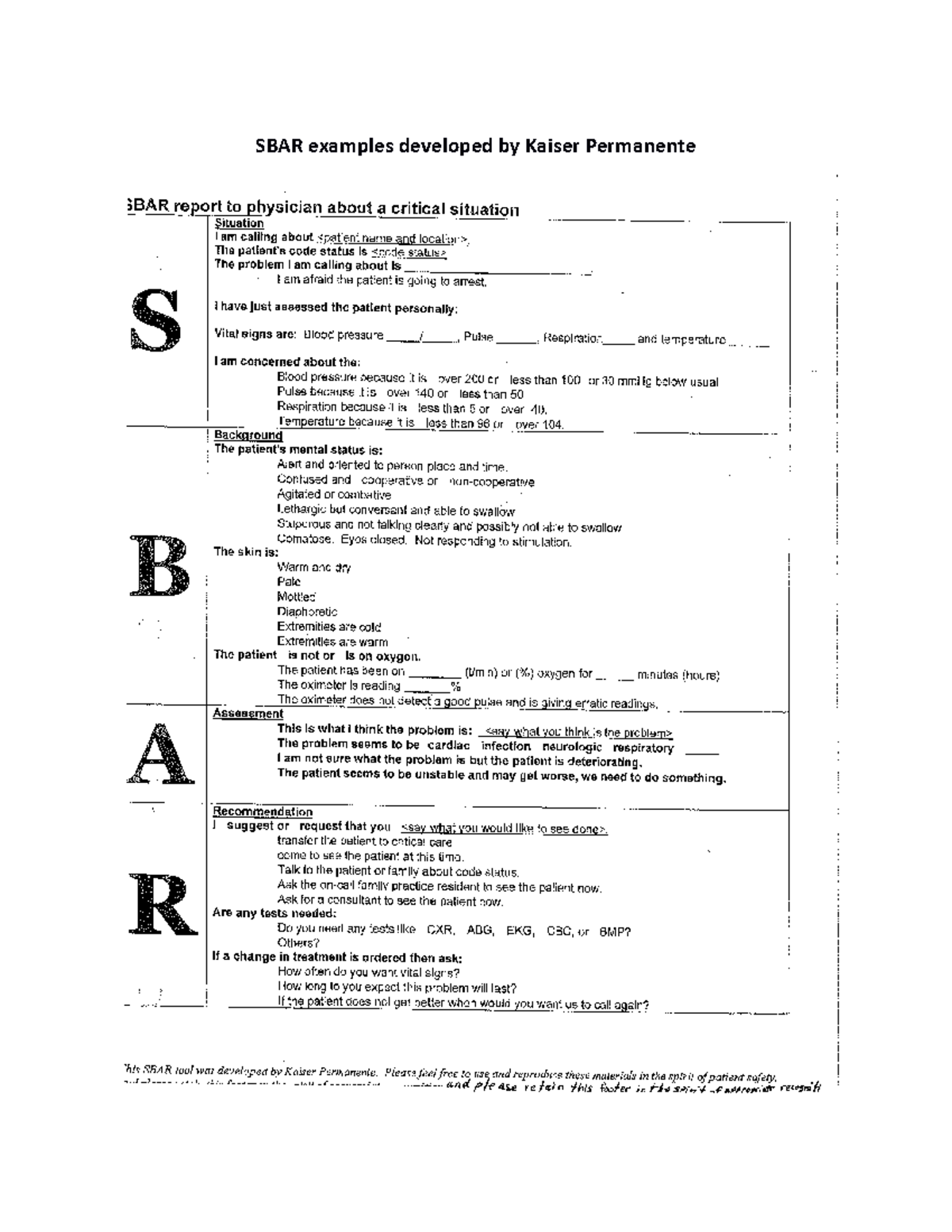 SBAR word file for Communication - 236 - SBAR examples developed by ...