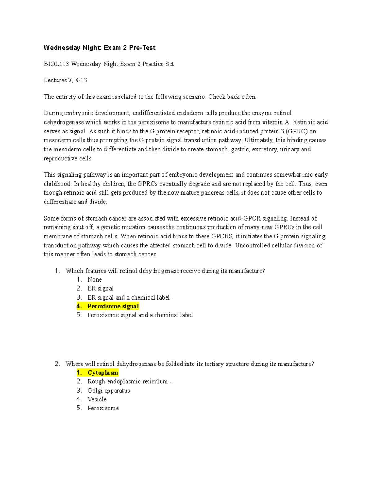 Wednesday Night Exam 2 Pre-Test - Wednesday Night: Exam 2 Pre-Test ...