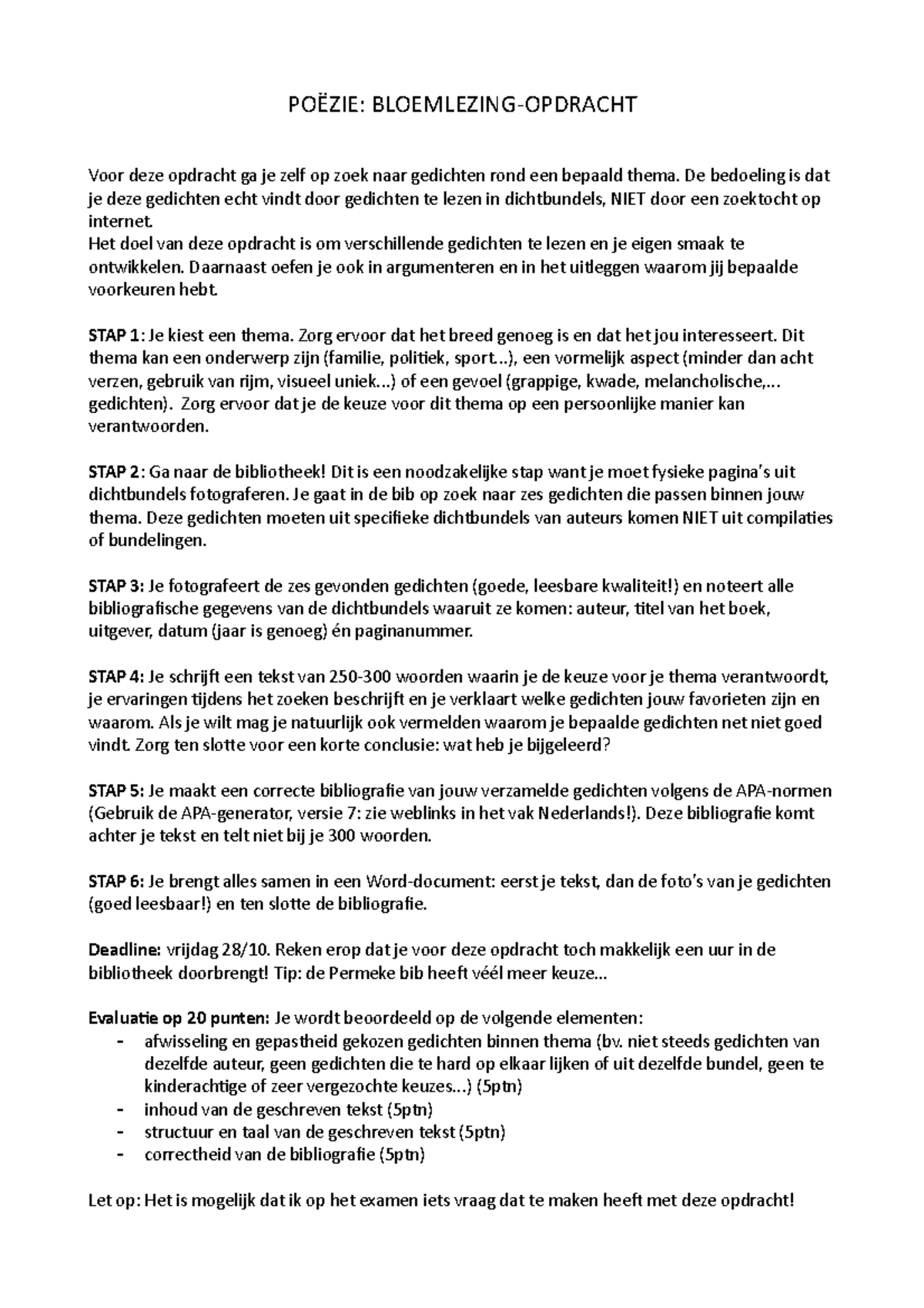 Taak bloemlezing poëzie POËZIE BLOEMLEZINGOPDRACHT Voor deze