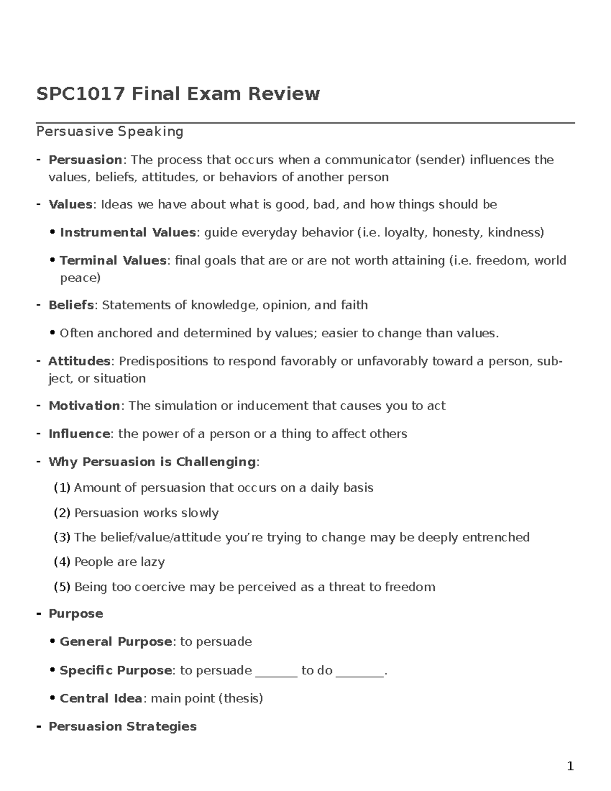 Speech final notes - SPC1017 Final Exam Review Persuasive Speaking ...