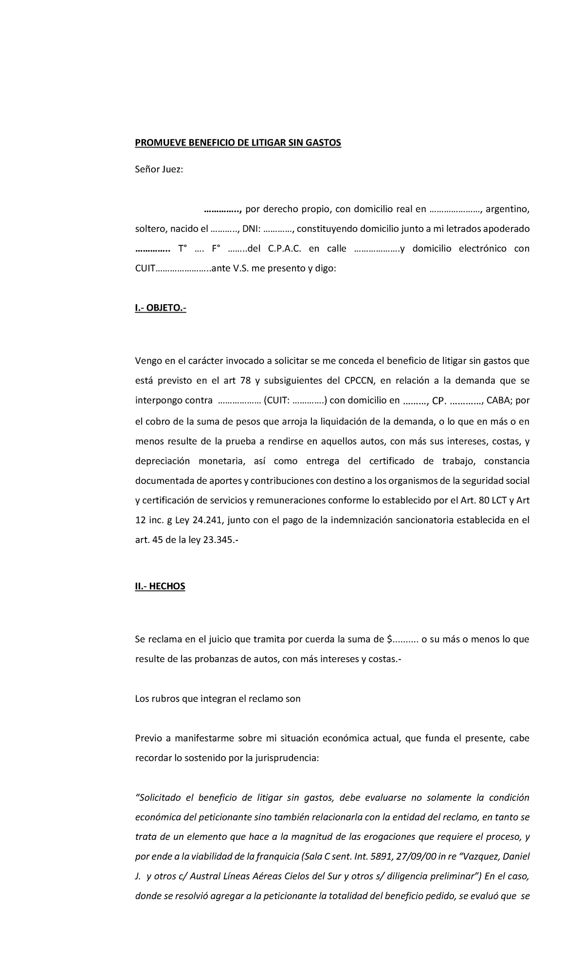 Modelo Demanda Beneficio DE Litigar SIN Gastos - PROMUEVE BENEFICIO DE ...