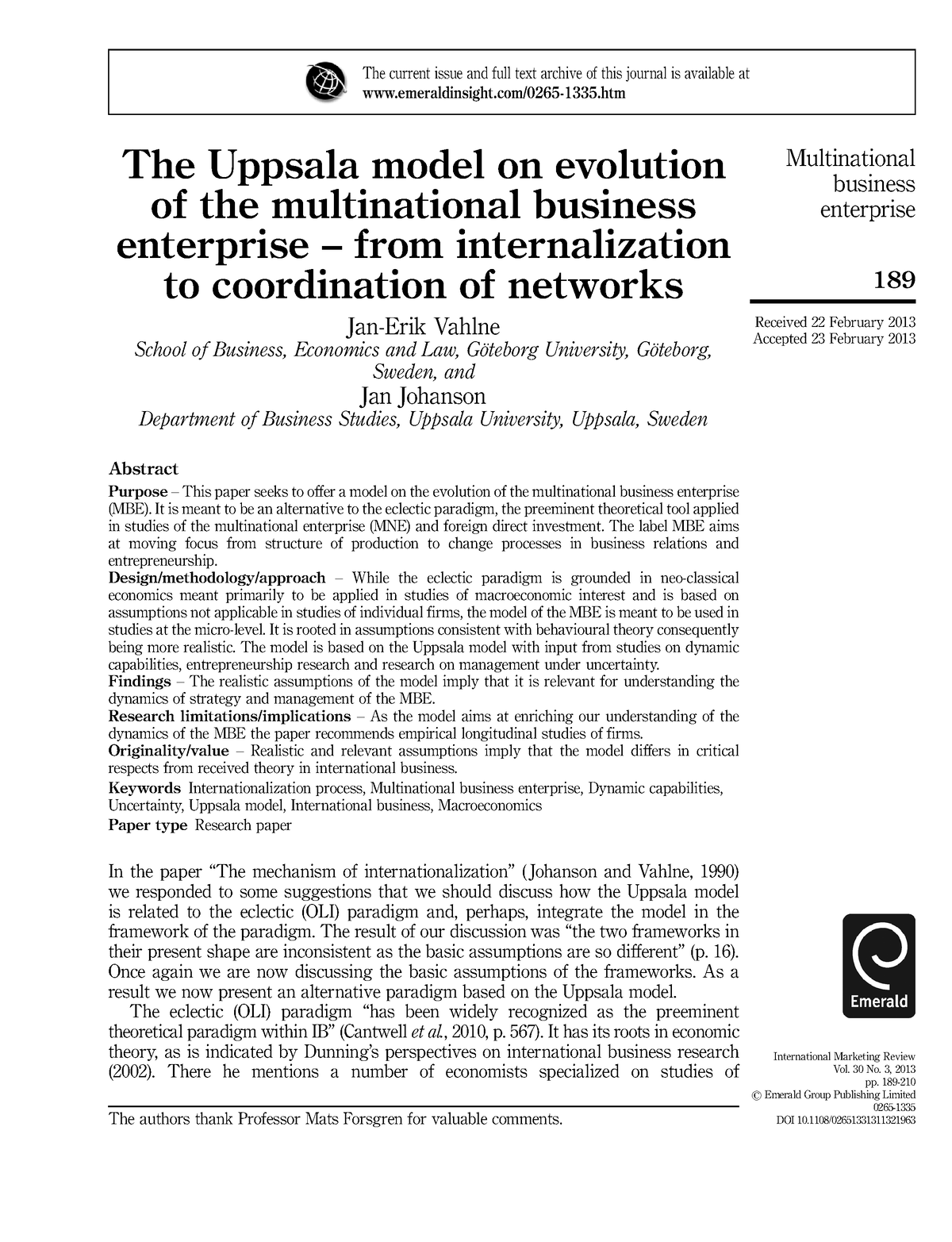 Uppsala Internationalisation Model 2013 - The Uppsala model on ...