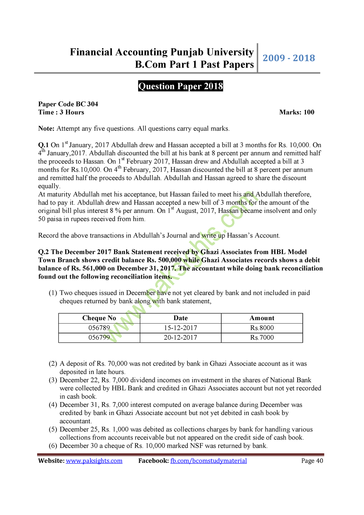 Financial Accounting Punjab University B - B Part 1 Past Papers 2009 ...