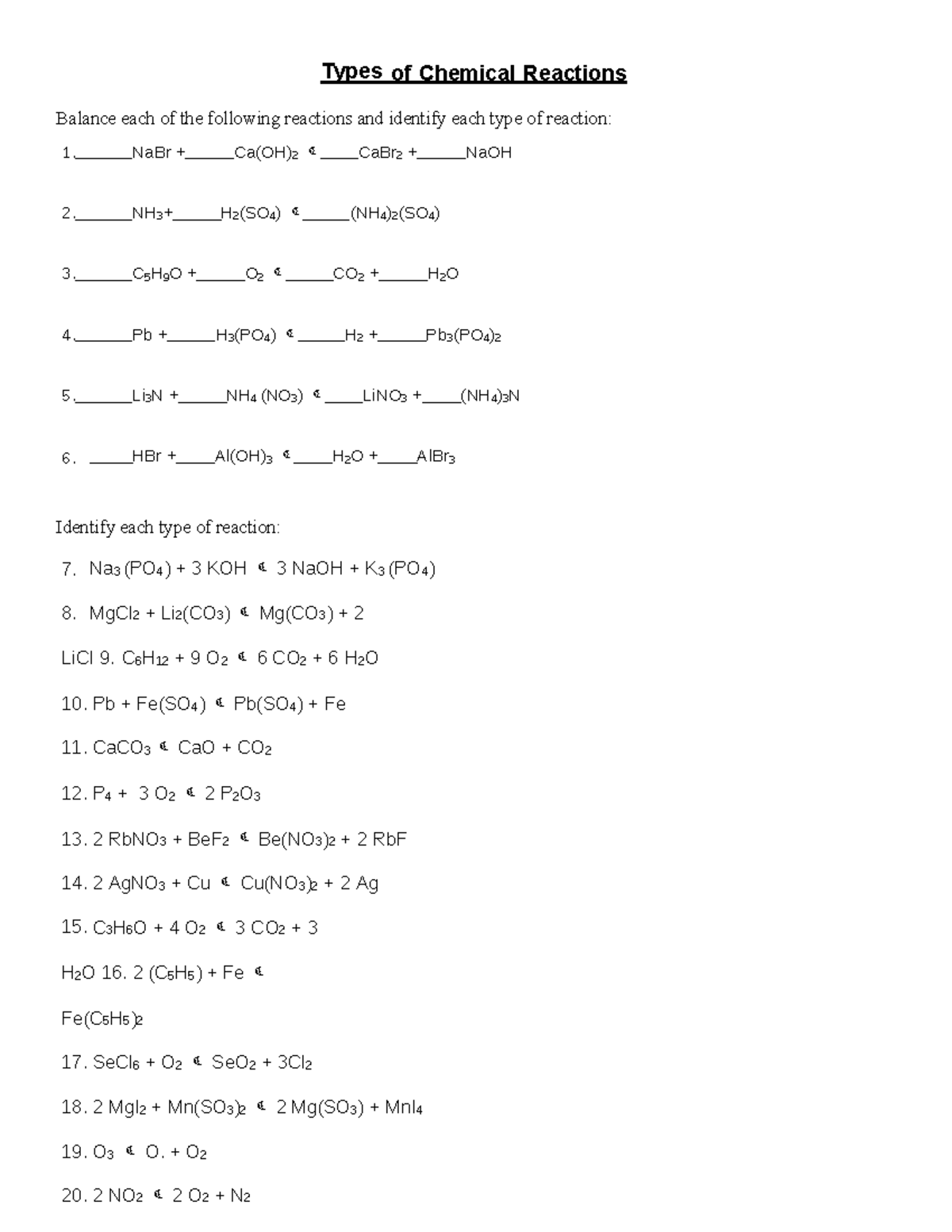 Vh6CPJi Nynuzd F 9N227 - Types of chemical reaction with answer Balance ...