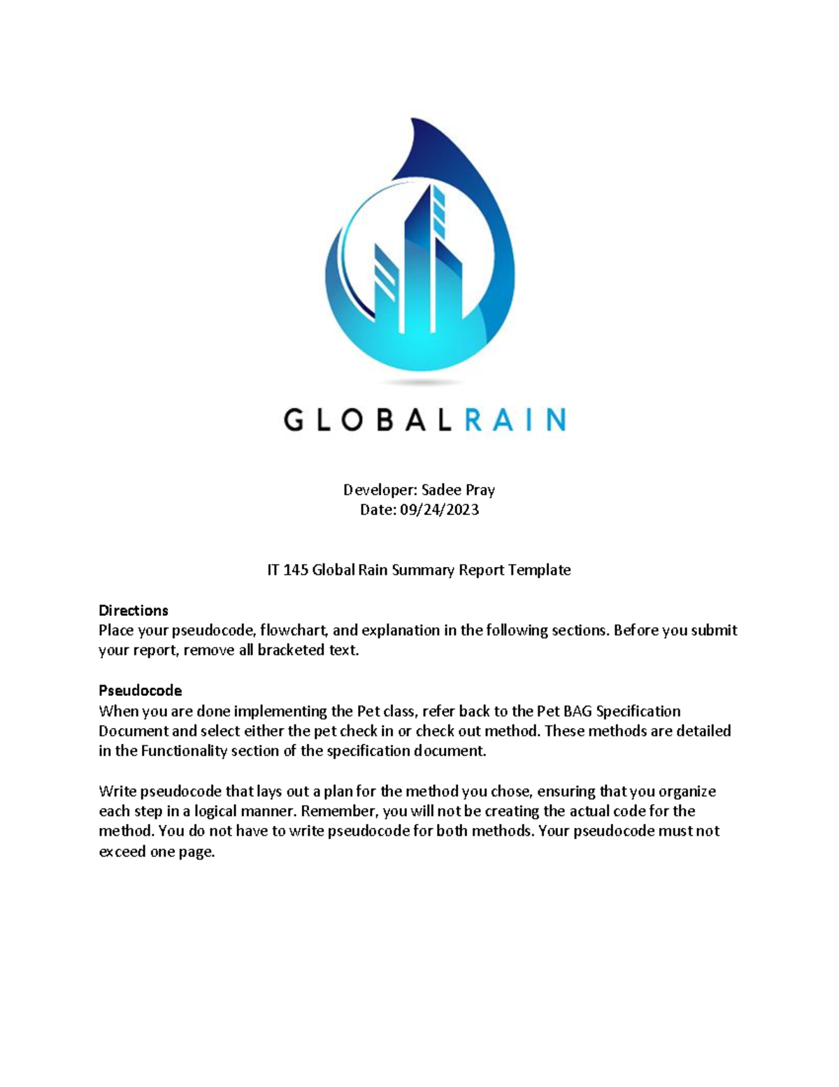 IT-145 Project One - Developer: Sadee Pray Date: 09/24/ IT 145 Global ...