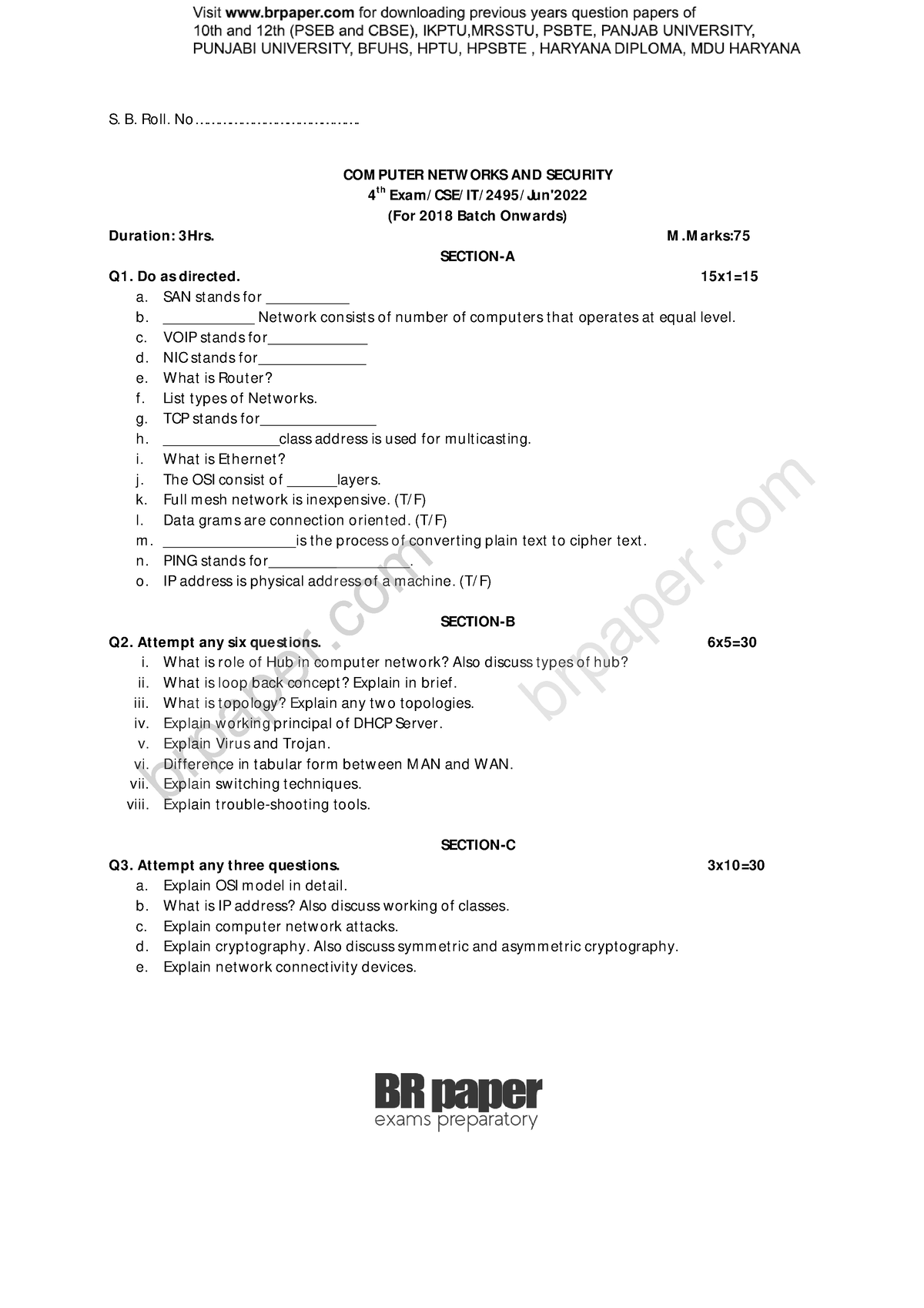 CNS 4th May2022 Cn question paper S. B. Roll. No