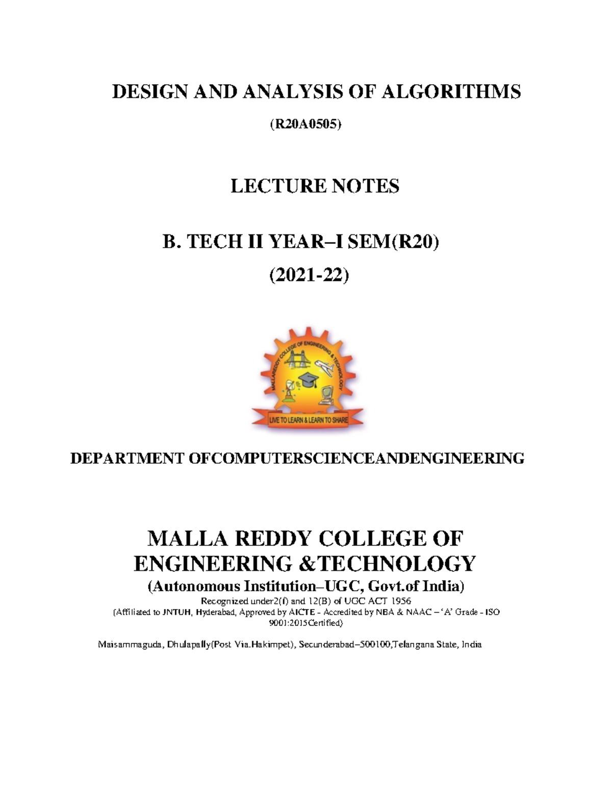 Dsign AND Analysis OF Algorithms(R20A0505) - DESIGN AND ANALYSIS OF ...