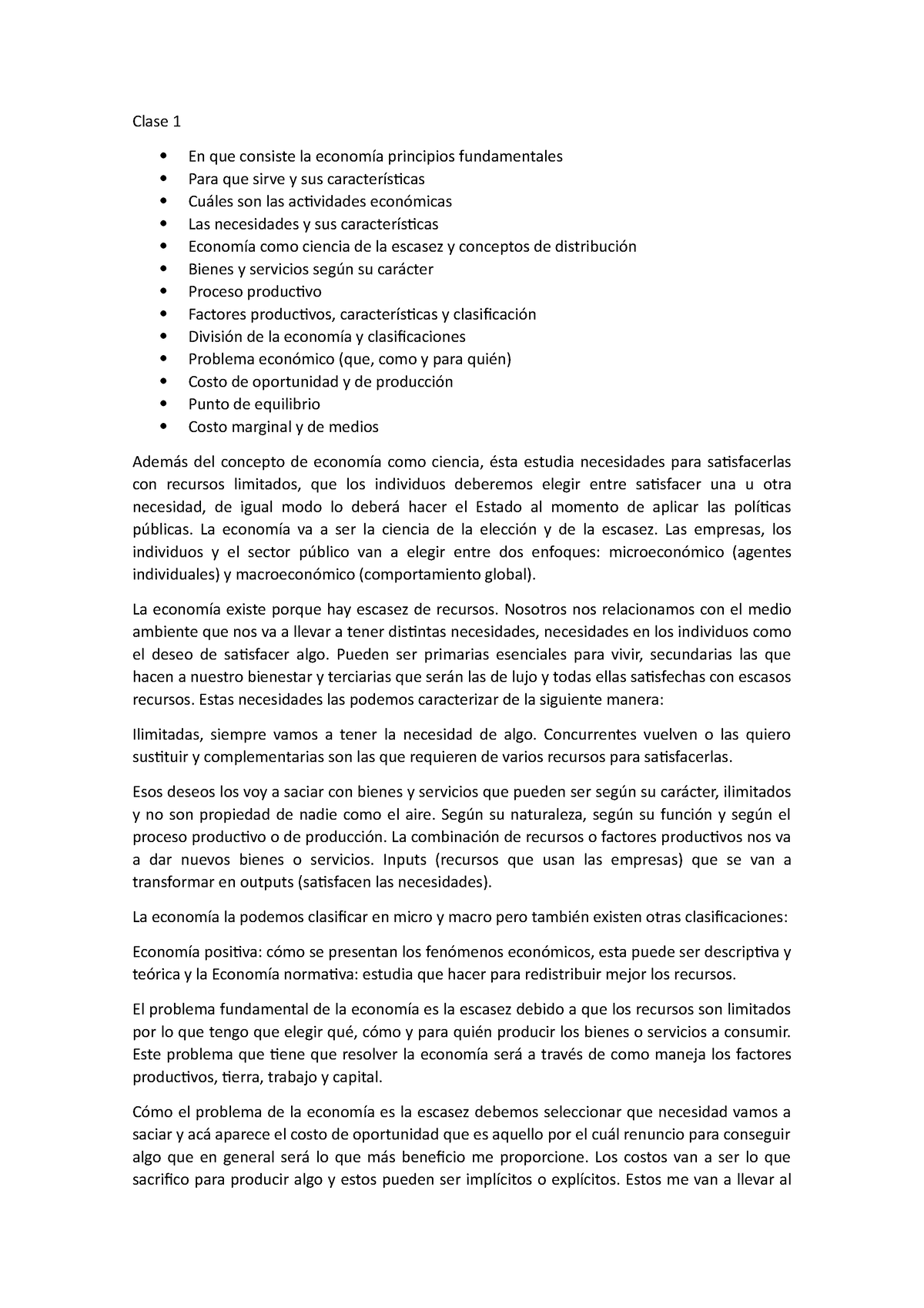 Economia - Primer Parcial - Clase 1 En Que Consiste La Economía ...