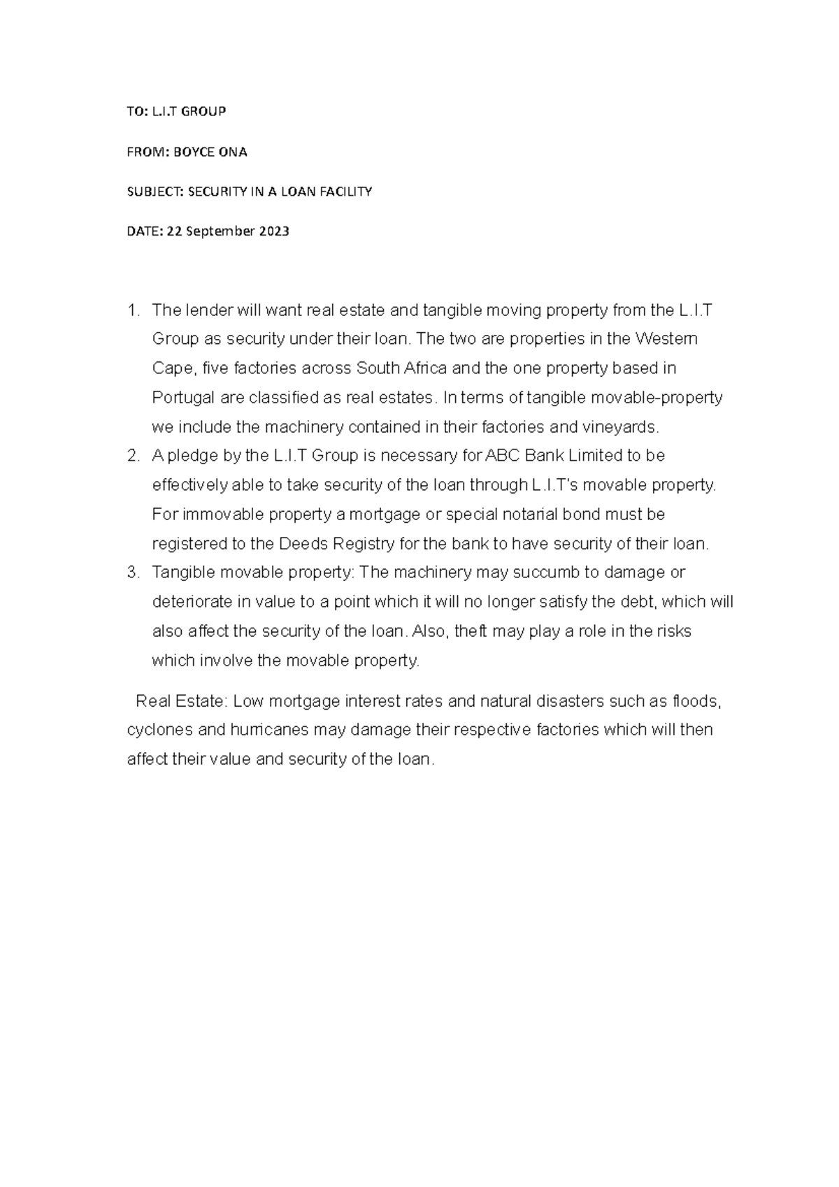 Bowmans Task 1 TO L.I GROUP FROM BOYCE ONA SUBJECT SECURITY IN A