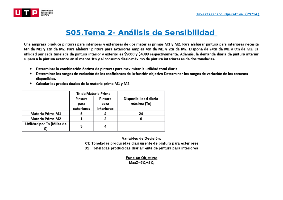 Ejercicio 2 -S05 - Análisis de sensibilidad - Investigación Operativa