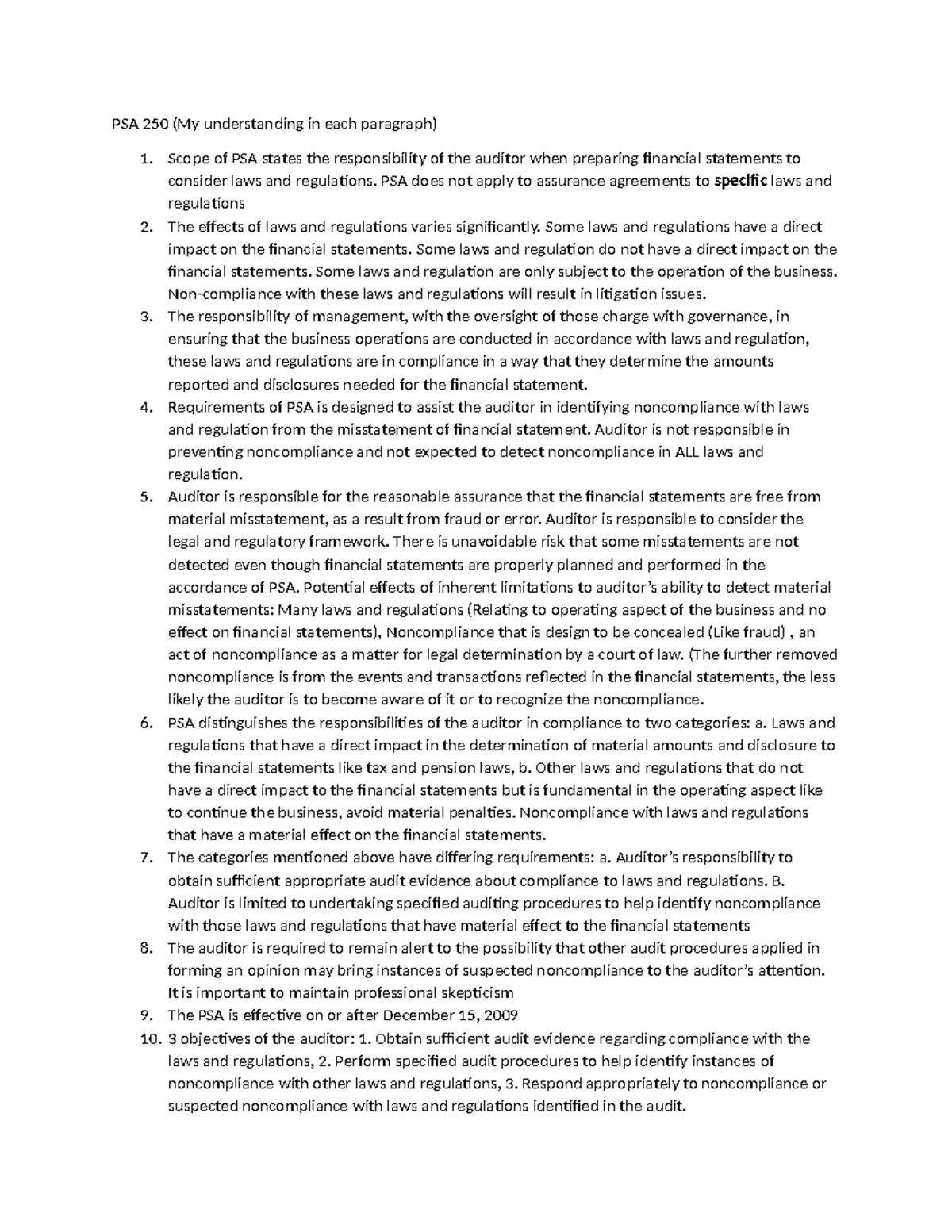 PSA-250-Understanding - PSA 250 (My understanding in each paragraph) 1 ...