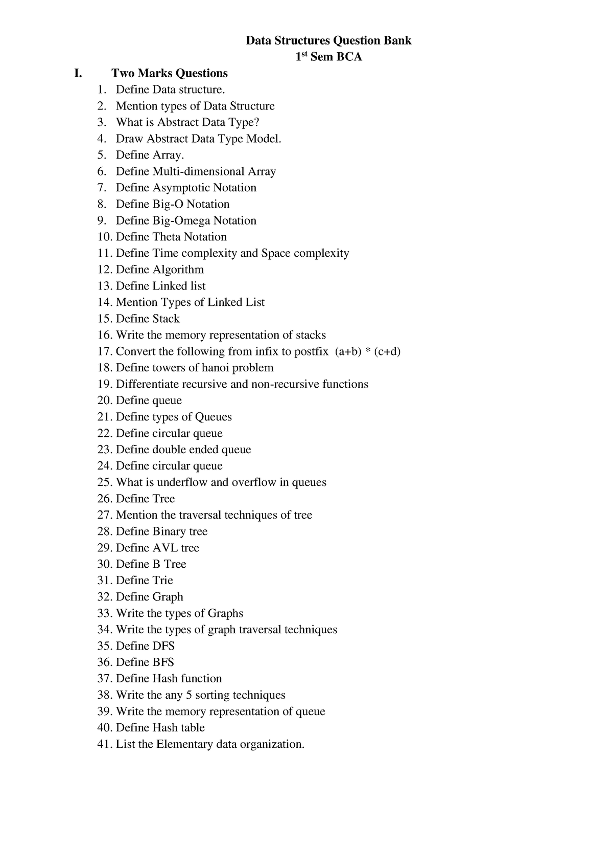 DS Question Bank For Final Exam - Data Structures Question Bank 1 st ...